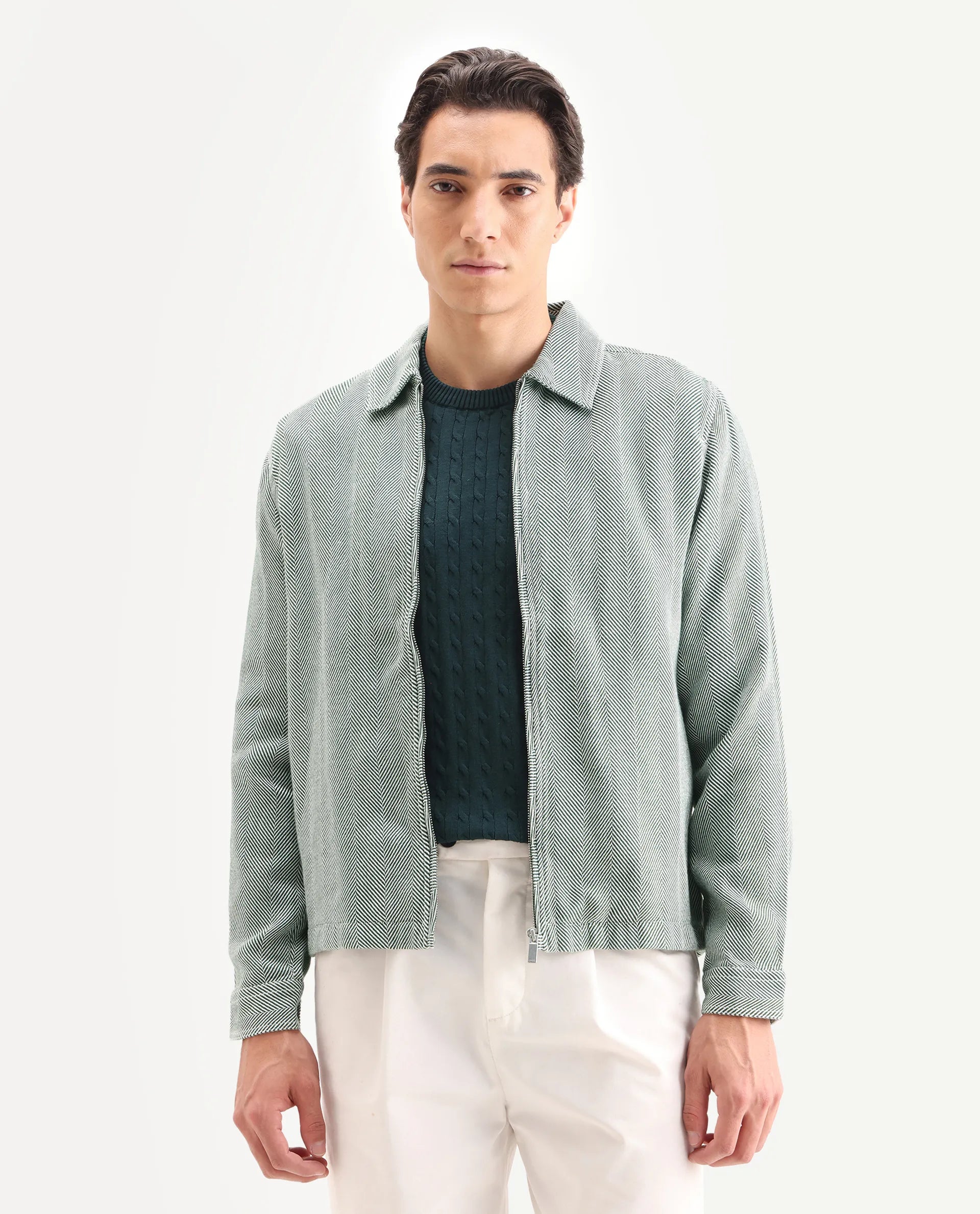 Rare Rabbit Men's Luha Green Polyester Blend Striped Print Regular Fit Full Sleeve Collared Shacket