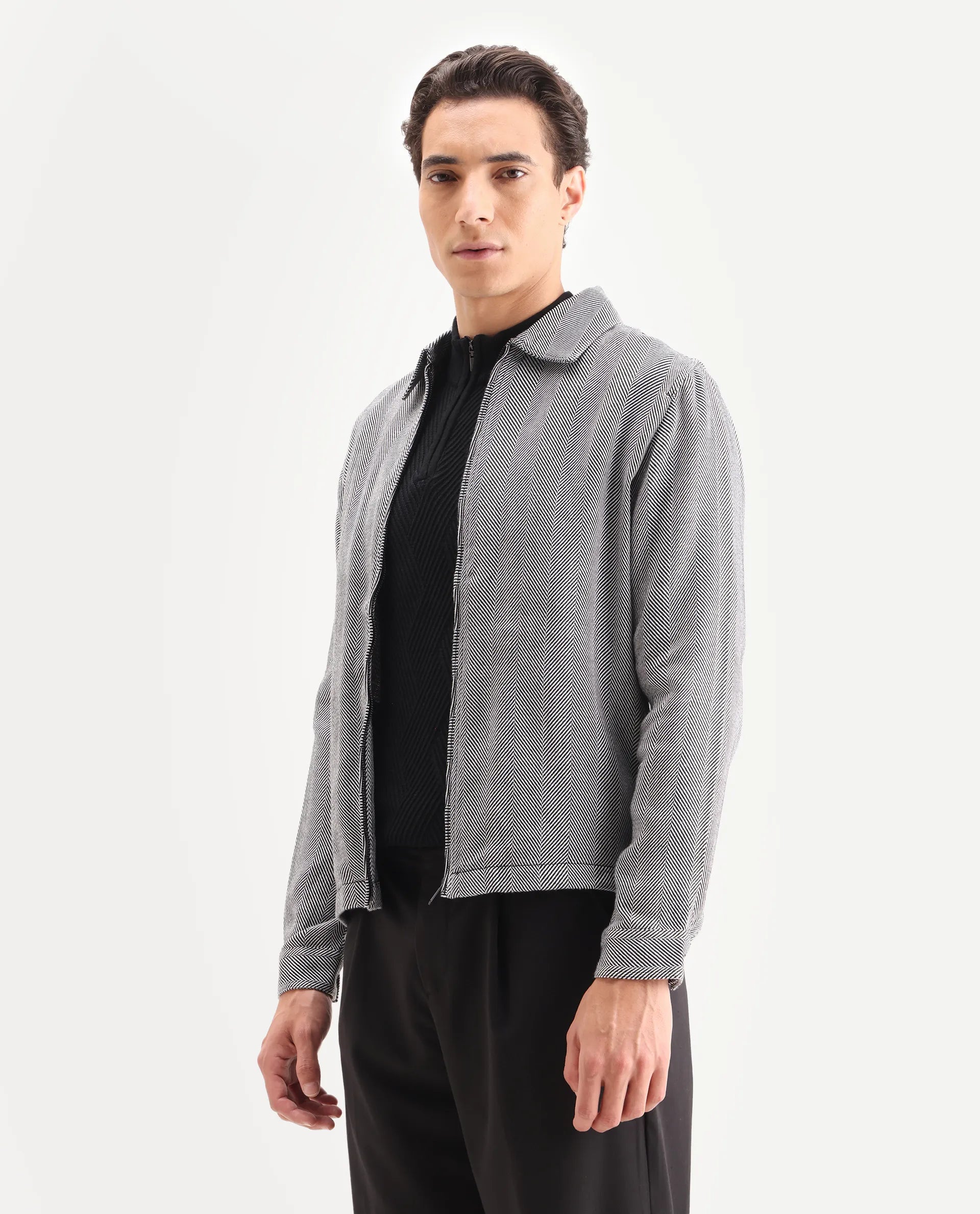 Rare Rabbit Men's Luha Black Polyester Blend Striped Print Regular Fit Full Sleeve Collared Shacket