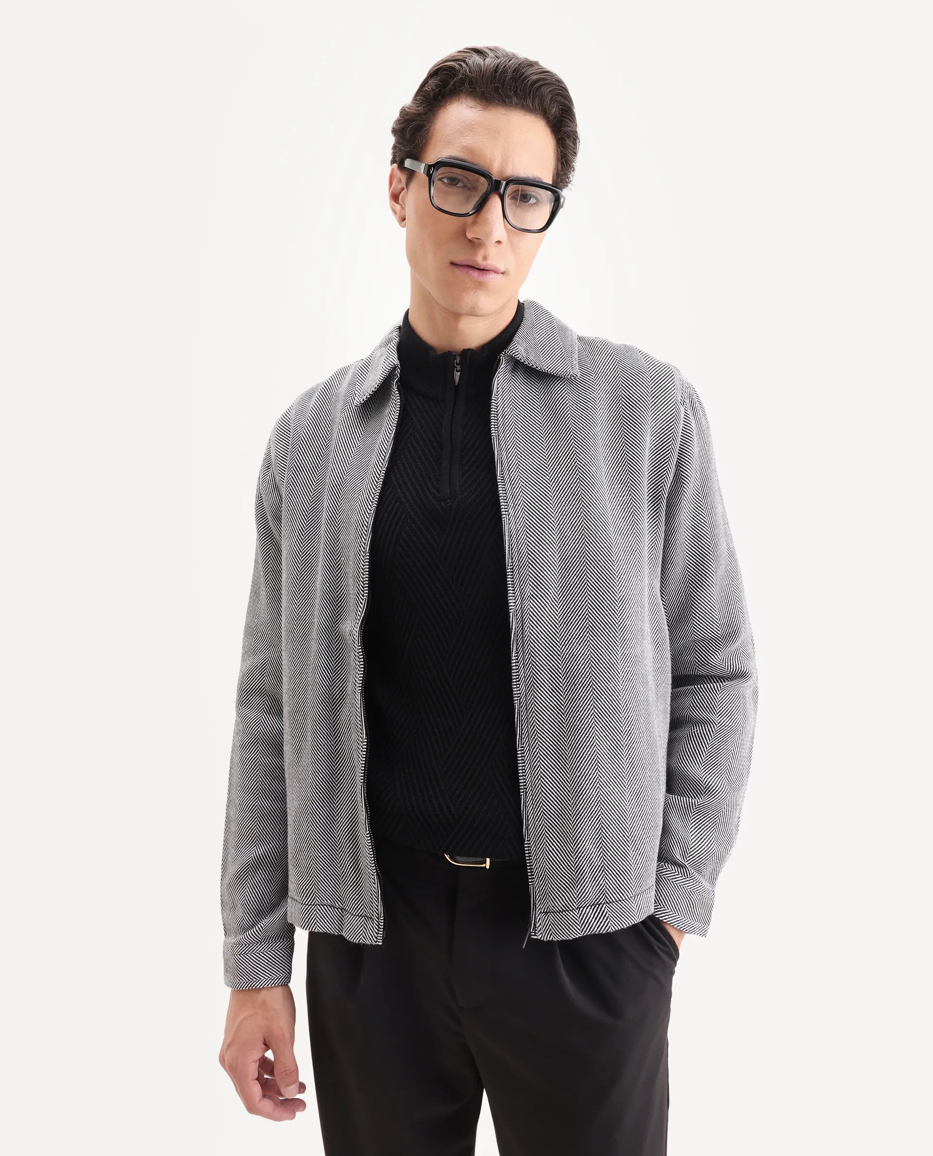 Rare Rabbit Men's Luha Black Polyester Blend Striped Print Regular Fit Full Sleeve Collared Shacket