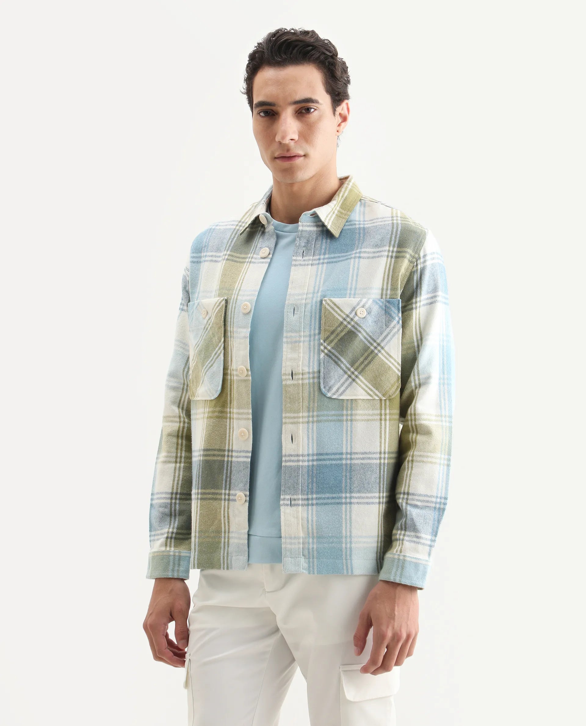 Rare Rabbit Men's Cotton Checked Print Regular Fit Full Sleeve Collared Shacket