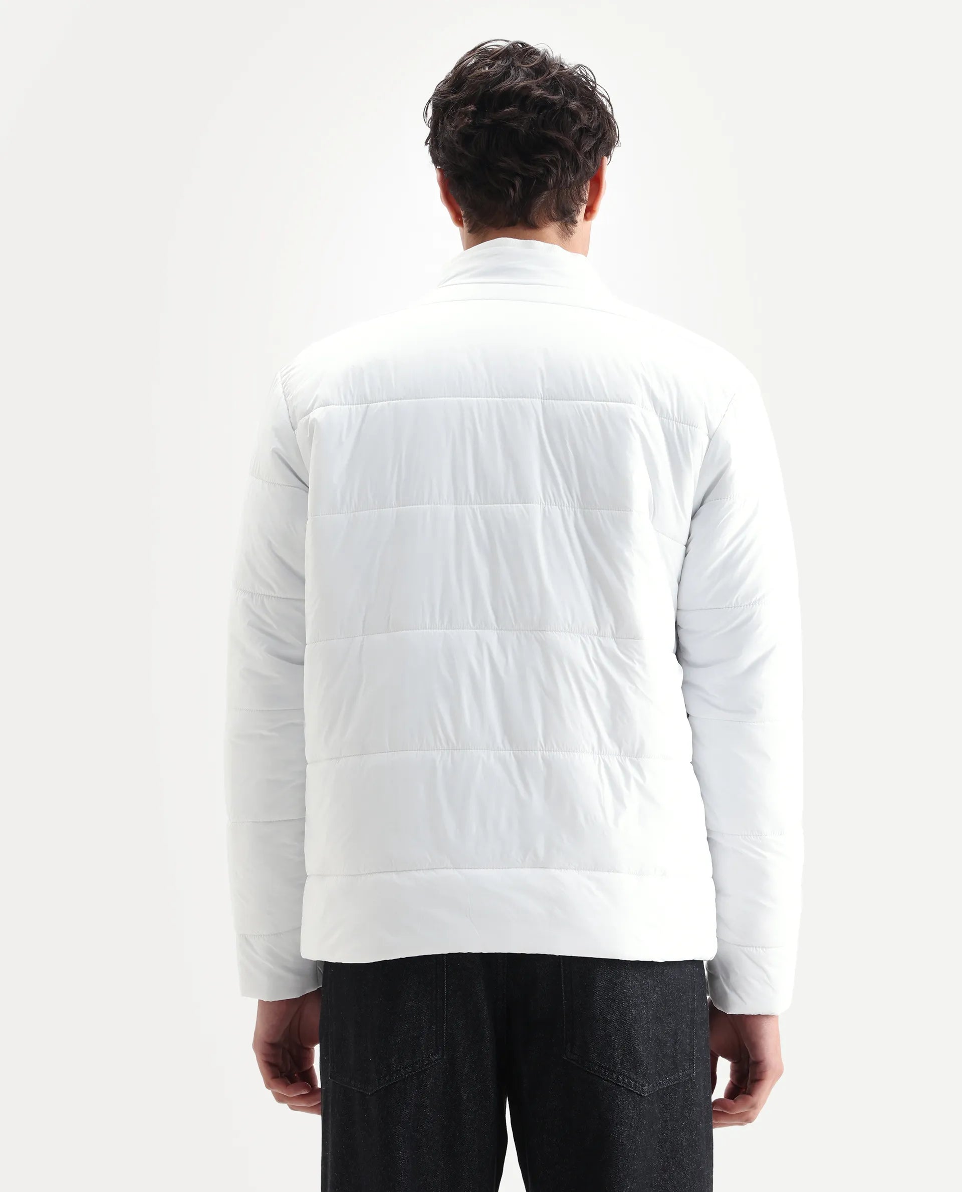 Rare Rabbit Men's Bront White Nylon Hd Print Regular Fit Full Sleeve High Neck Jacket