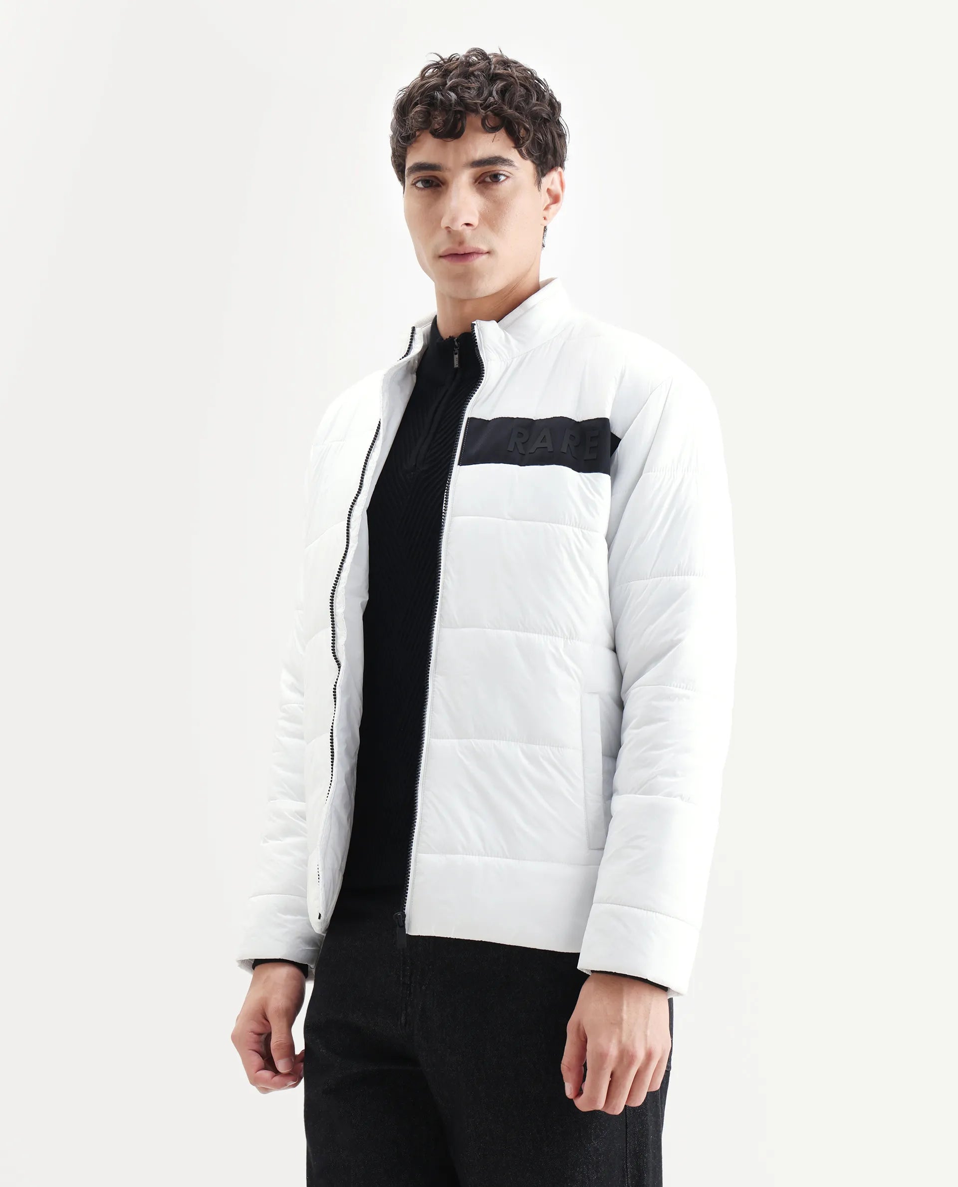 Rare Rabbit Men's Bront White Nylon Hd Print Regular Fit Full Sleeve High Neck Jacket