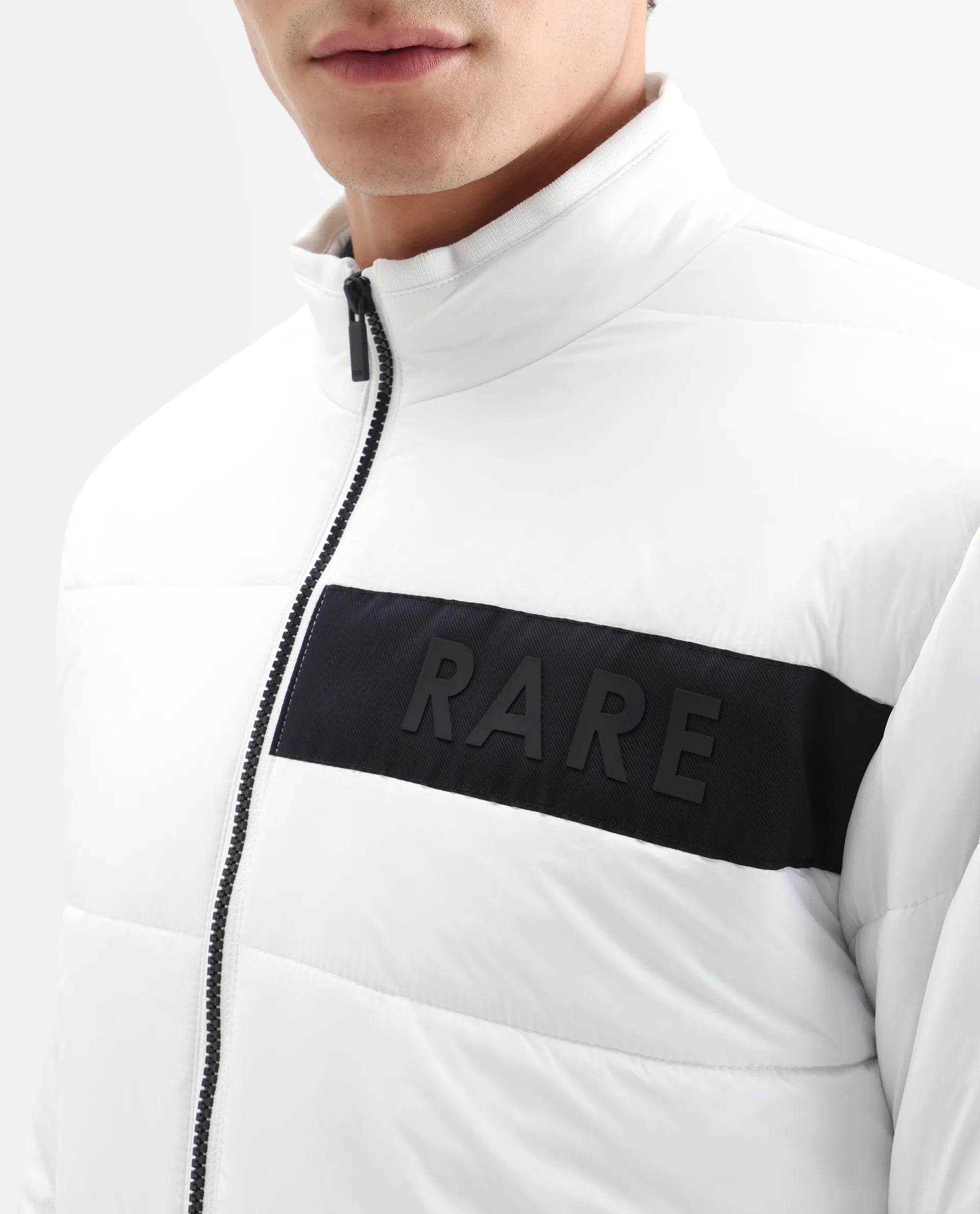 Rare Rabbit Men's Bront White Nylon Hd Print Regular Fit Full Sleeve High Neck Jacket