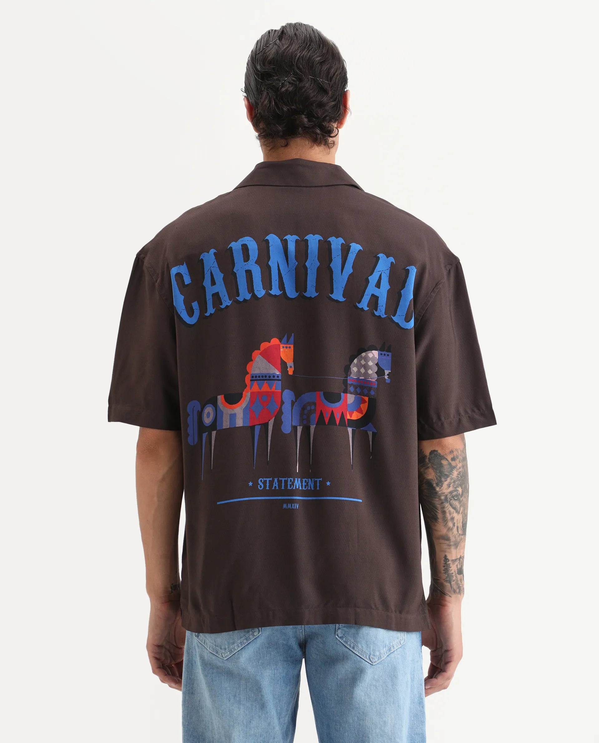 Rare Rabbit Men's Carn-S Brown Cotton Fabric Short Sleeve Collared Neck Button Closure Graphic Print Shirt