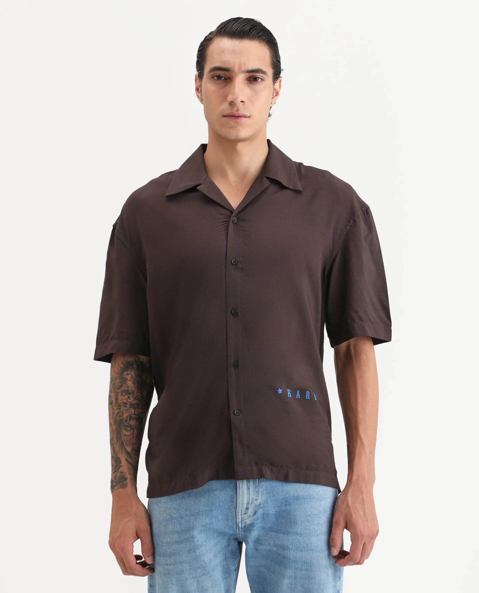 Rare Rabbit Men's Carn-S Brown Cotton Fabric Short Sleeve Collared Neck Button Closure Graphic Print Shirt