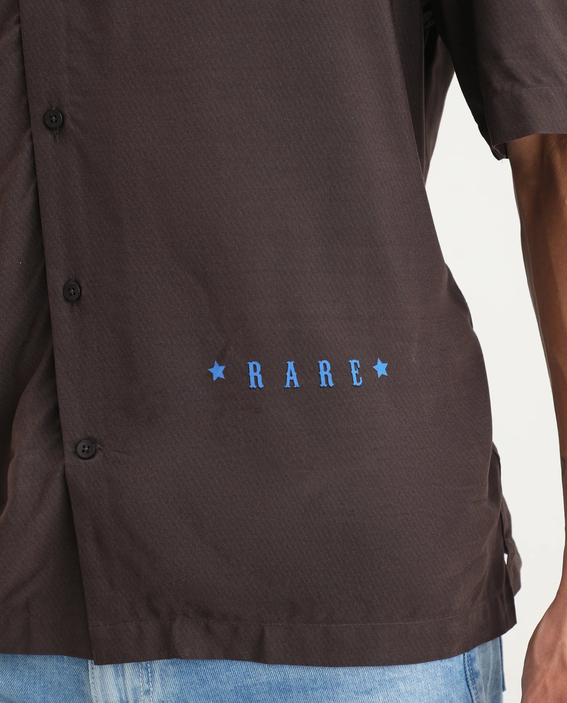 Rare Rabbit Men's Carn-S Brown Cotton Fabric Short Sleeve Collared Neck Button Closure Graphic Print Shirt
