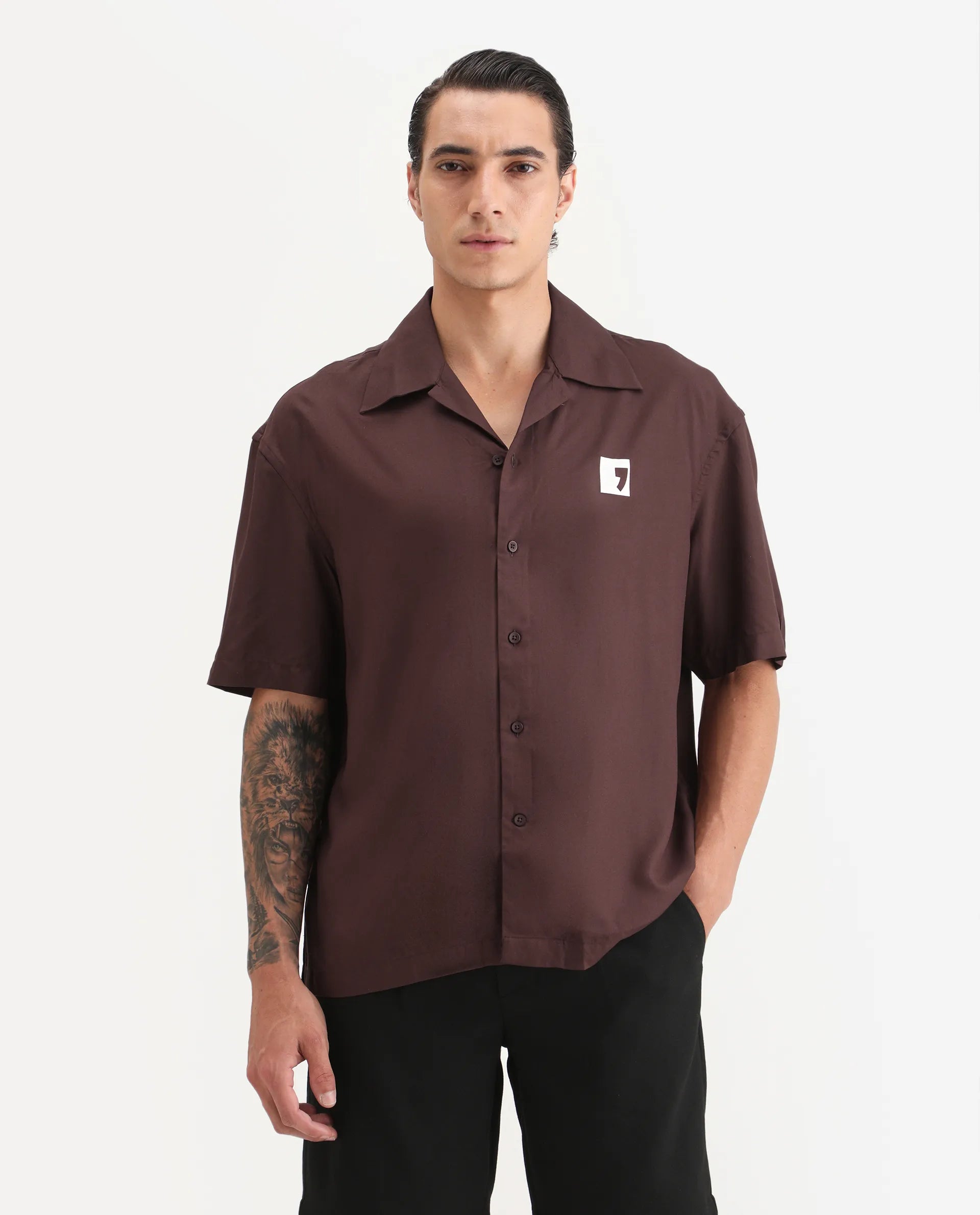 Rare Rabbit Men's Carn Ss Brown Cotton Graphic Print Oversized Fit Half Sleeve Collared Shirt