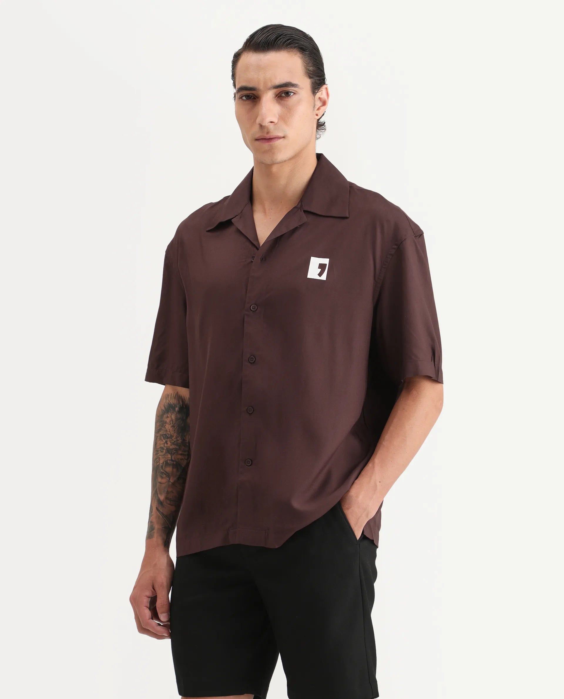 Rare Rabbit Men's Carn Ss Brown Cotton Graphic Print Oversized Fit Half Sleeve Collared Shirt