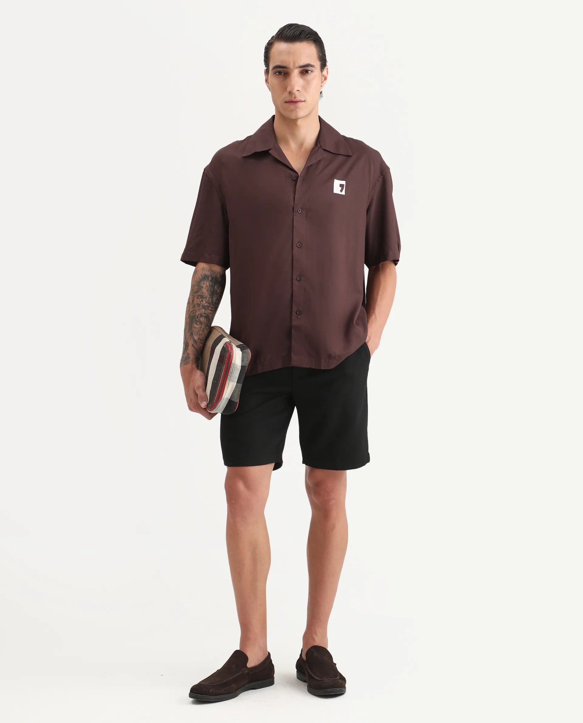 Rare Rabbit Men's Carn Ss Brown Cotton Graphic Print Oversized Fit Half Sleeve Collared Shirt