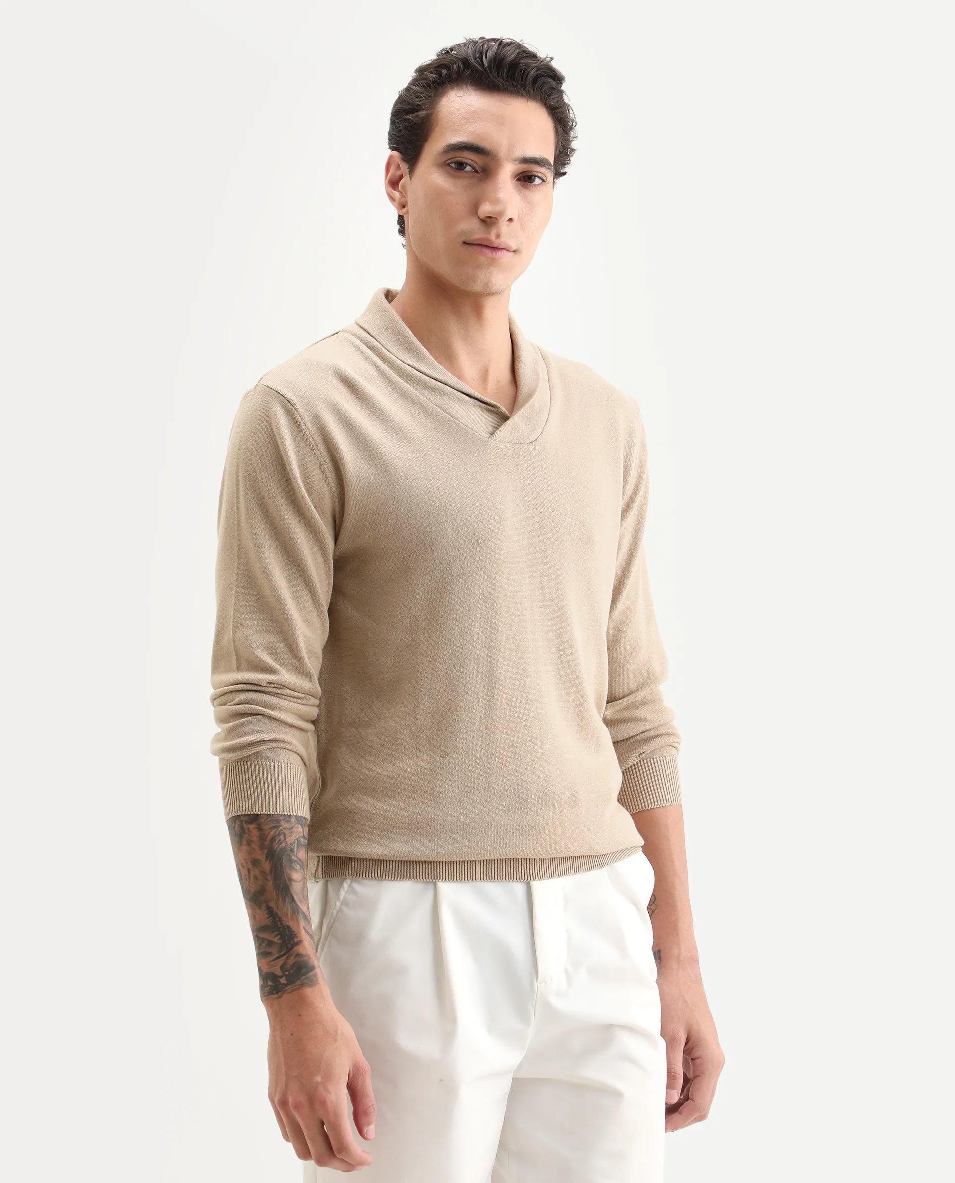 Rare Rabbit Men's Kenlay Beige Cotton Blend Plain Regular Fit Full Sleeve High Neck Sweater