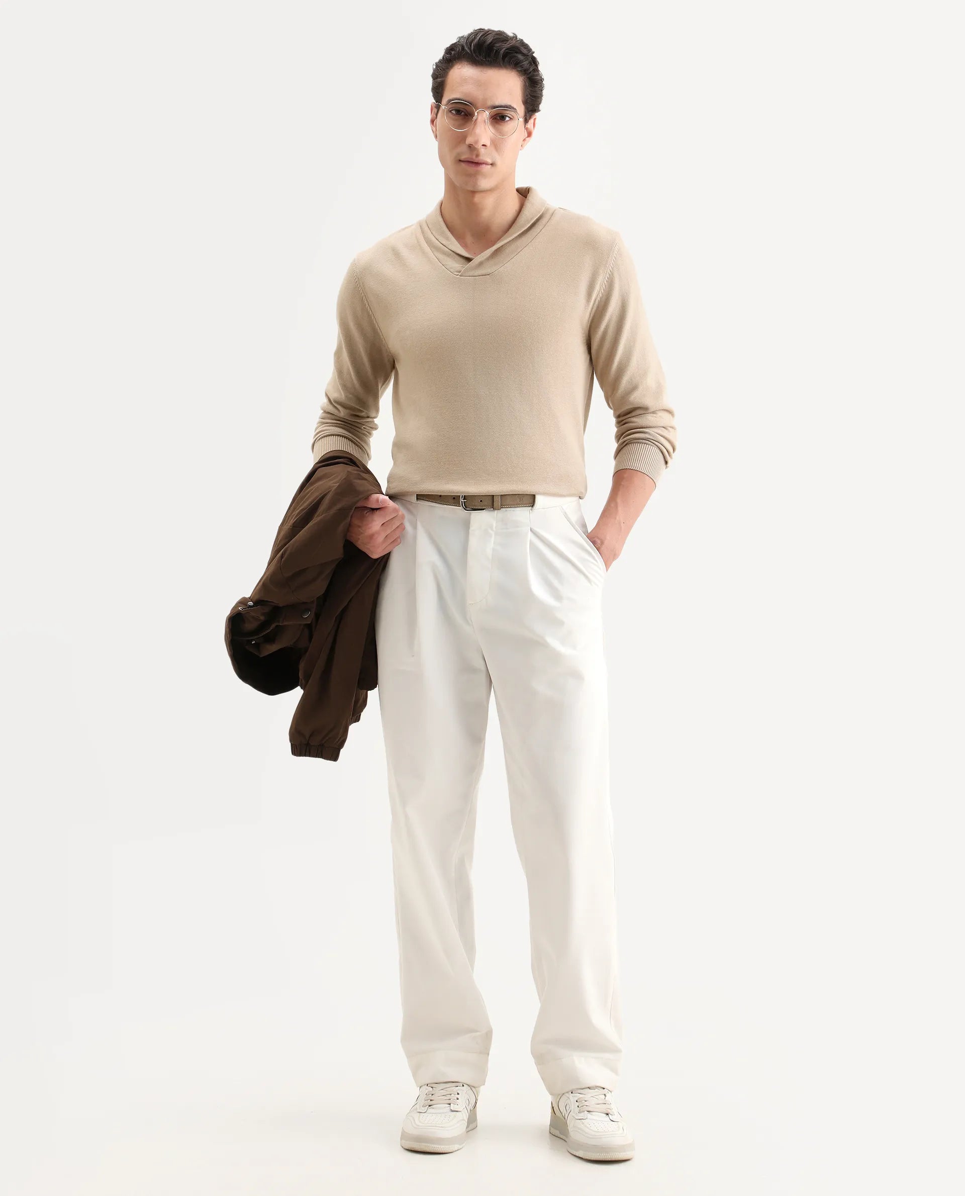 Rare Rabbit Men's Kenlay Beige Cotton Blend Plain Regular Fit Full Sleeve High Neck Sweater