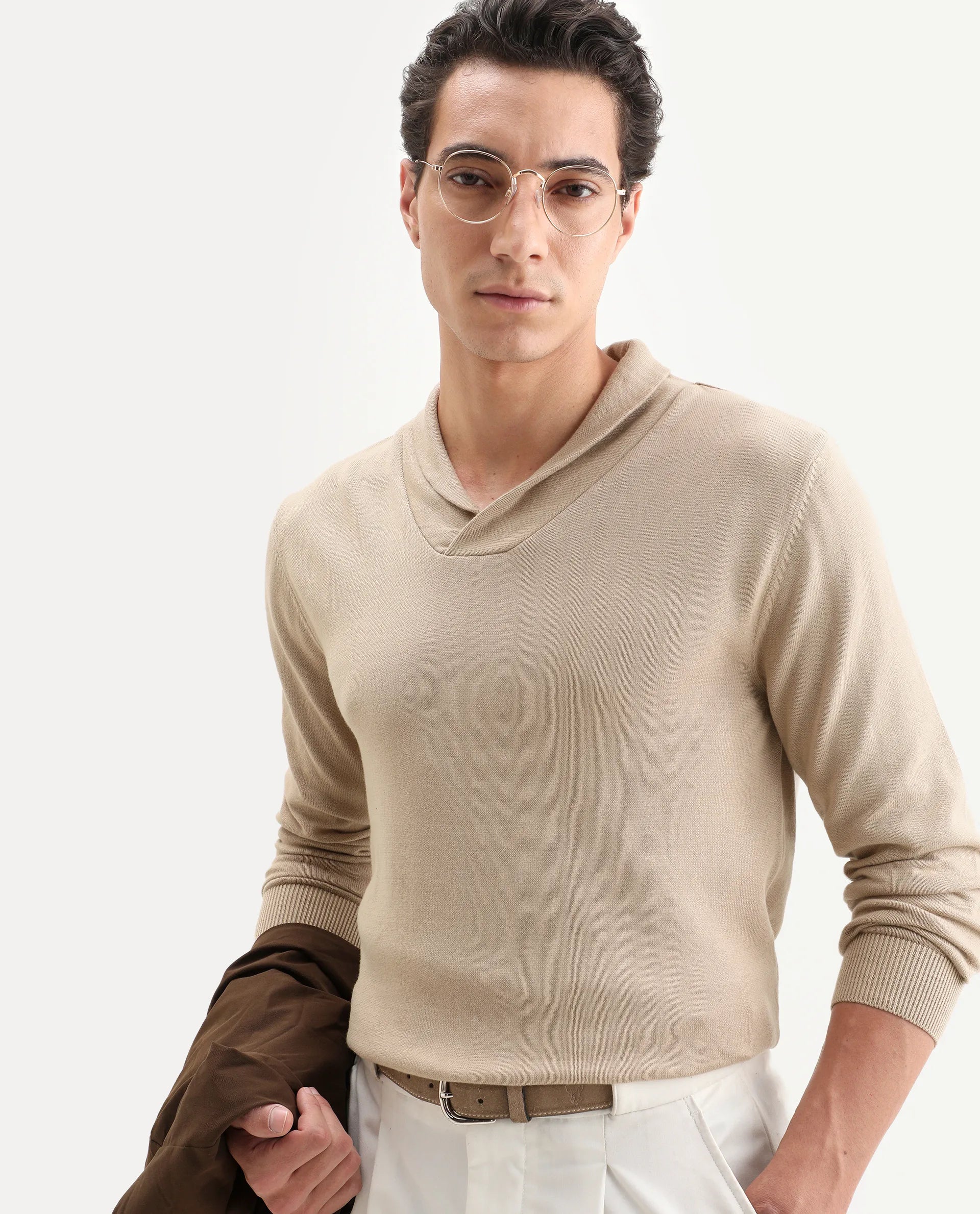 Rare Rabbit Men's Kenlay Beige Cotton Blend Plain Regular Fit Full Sleeve High Neck Sweater