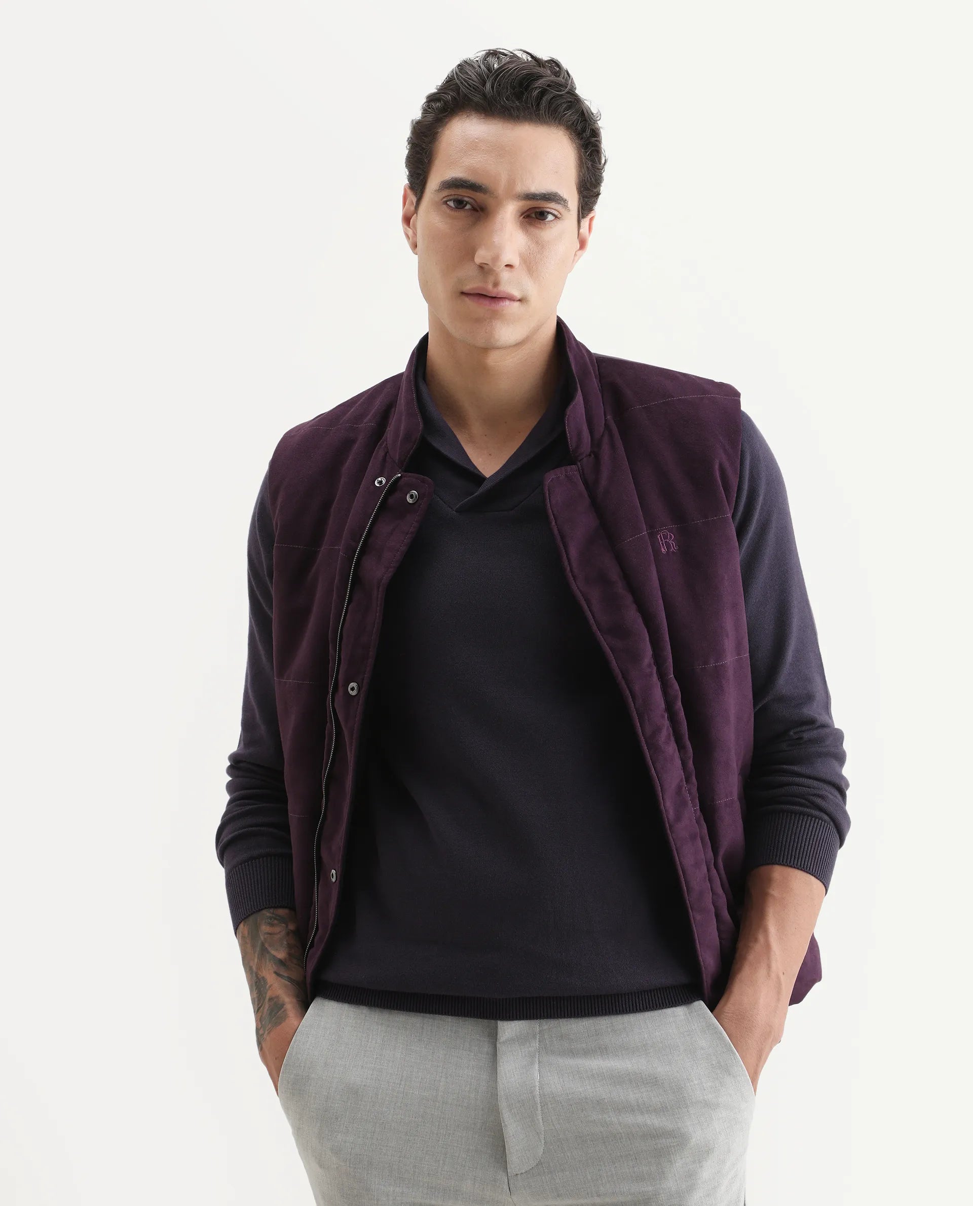 Rare Rabbit Men's Kenlay Dark Purple Cotton Blend Plain Regular Fit Full Sleeve High Neck Sweater