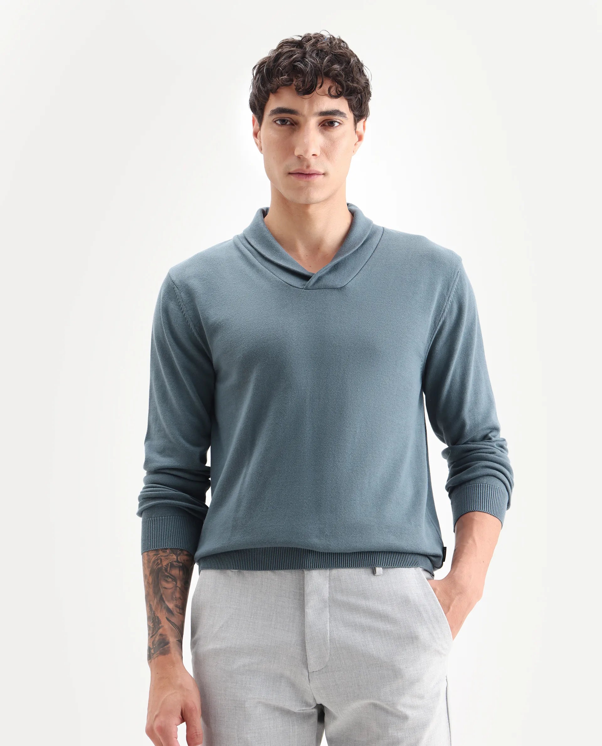 Rare Rabbit Men's Kenlay Dusky Turq Cotton Blend Plain Regular Fit Full Sleeve High Neck Sweater