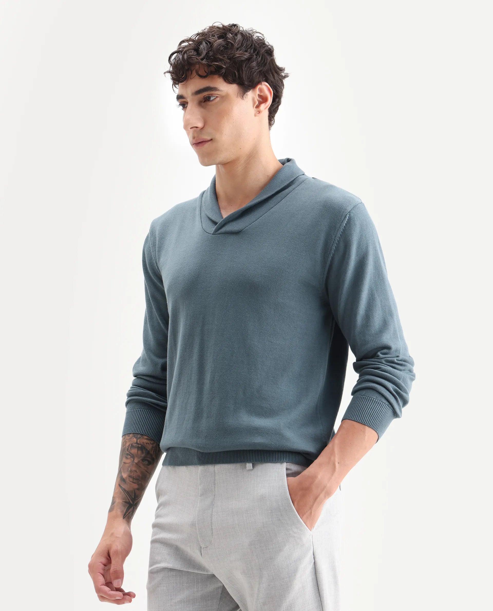 Rare Rabbit Men's Kenlay Dusky Turq Cotton Blend Plain Regular Fit Full Sleeve High Neck Sweater