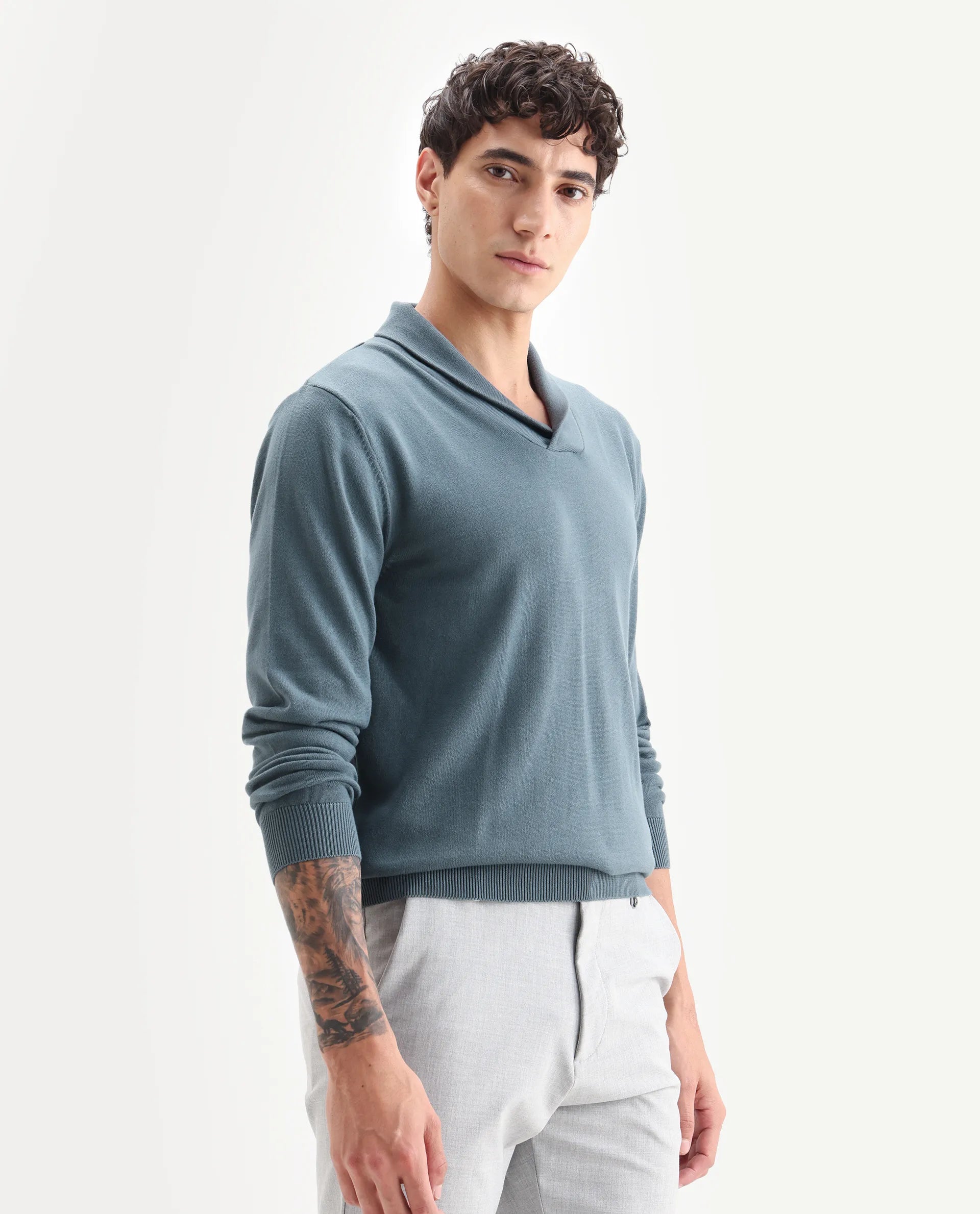 Rare Rabbit Men's Kenlay Dusky Turq Cotton Blend Plain Regular Fit Full Sleeve High Neck Sweater