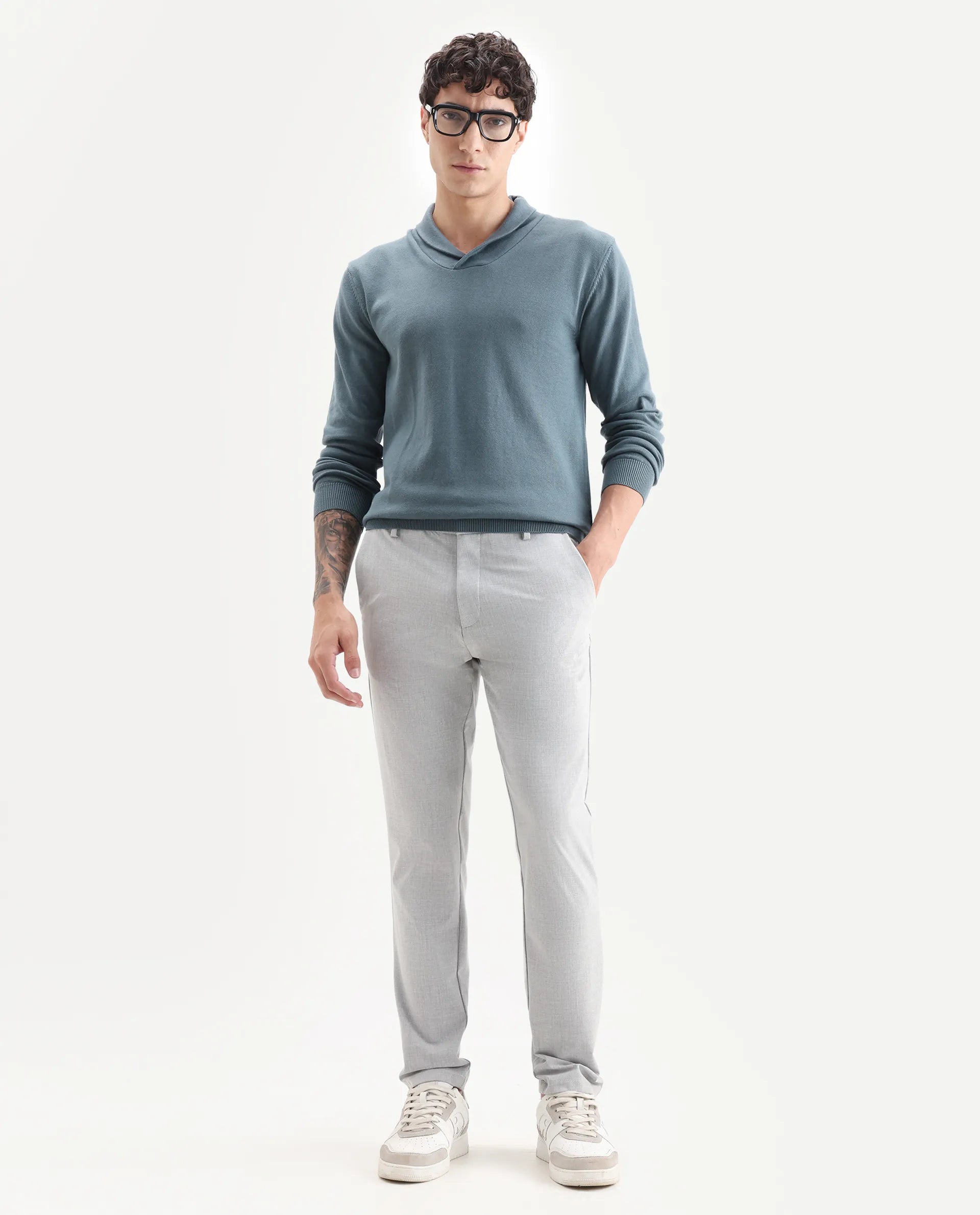 Rare Rabbit Men's Kenlay Dusky Turq Cotton Blend Plain Regular Fit Full Sleeve High Neck Sweater