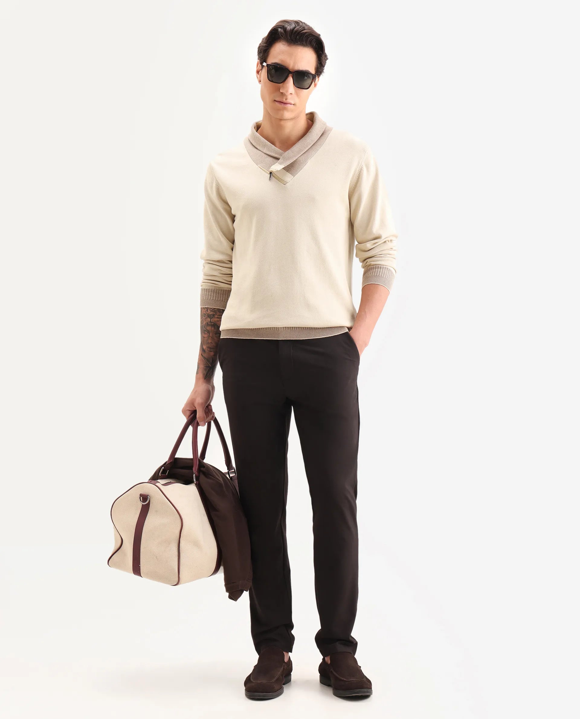 Rare Rabbit Men's Lyzo Beige Cotton Plain Regular Fit Full Sleeve Cowl Neck Sweater