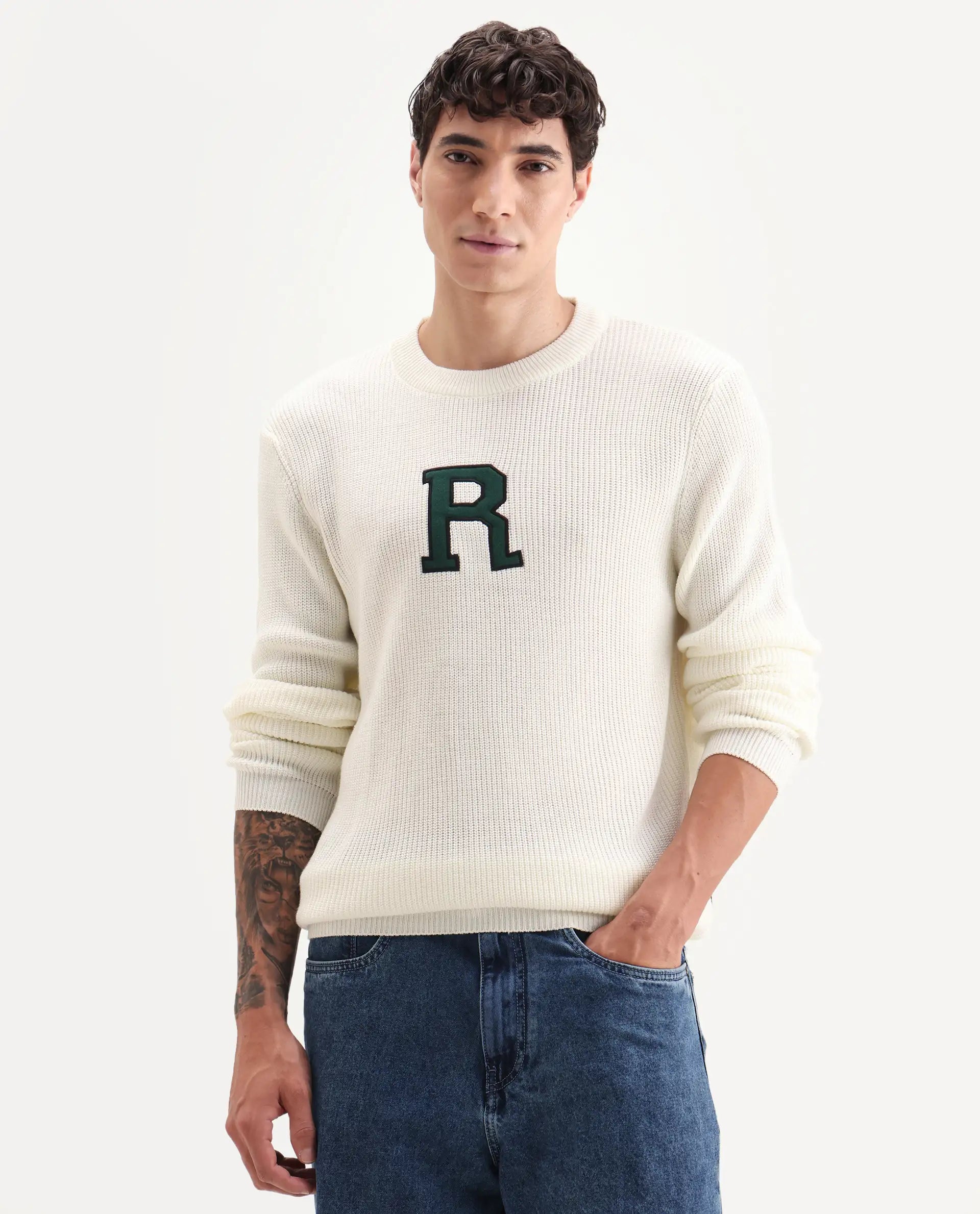 Rare Rabbit Men's Kazu Off White Cotton Applique Print Regular Fit Full Sleeve Crew Neck Sweater