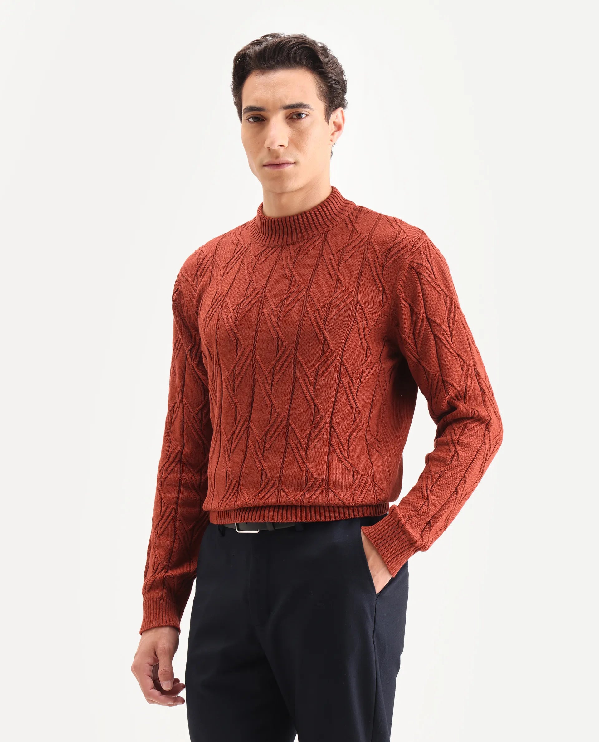 Rare Rabbit Men's Caloz Rust Cotton Textured Regular Fit Full Sleeve High Neck Sweater