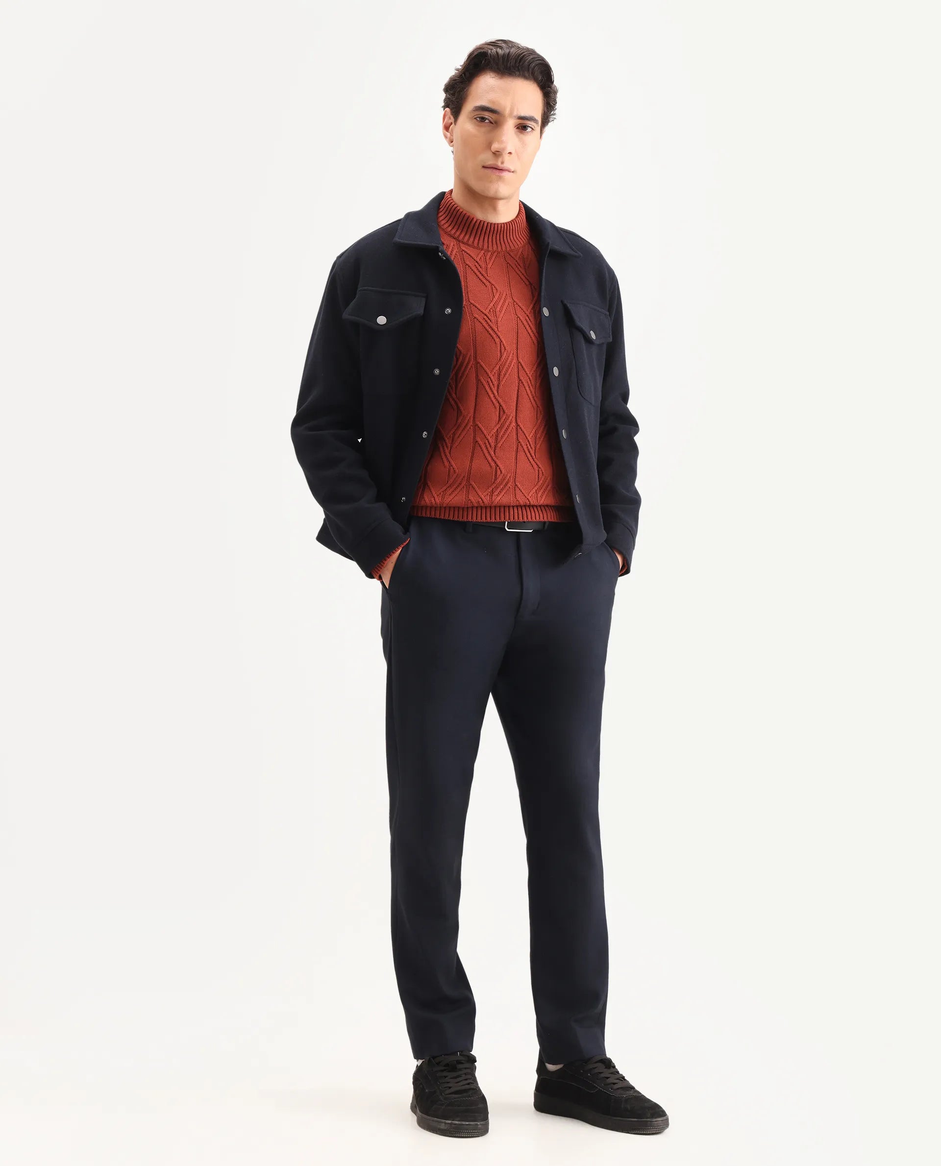 Rare Rabbit Men's Caloz Rust Cotton Textured Regular Fit Full Sleeve High Neck Sweater