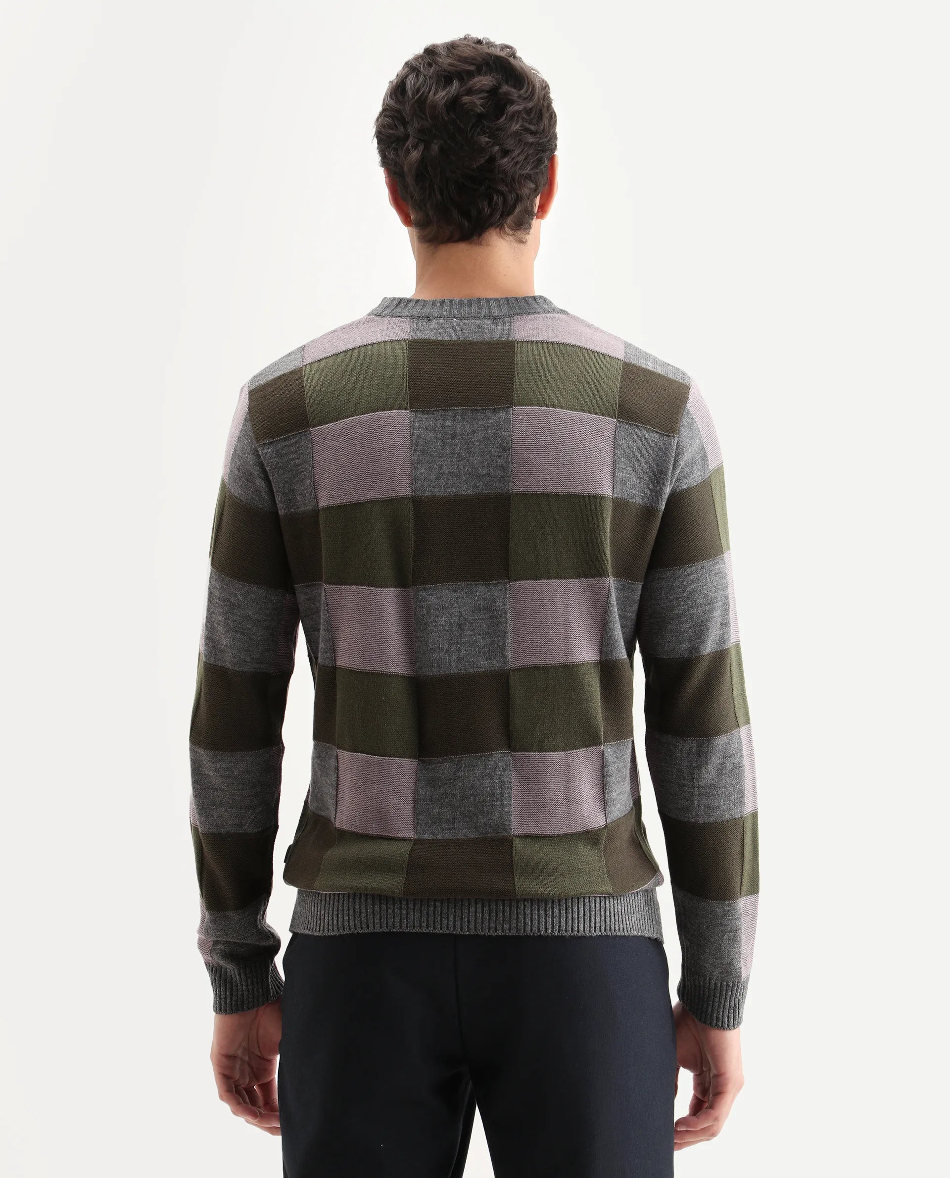 Rare Rabbit Men's Boaz Olive Acrylic Jacquard Regular Fit Full Sleeve Crew Neck Sweater