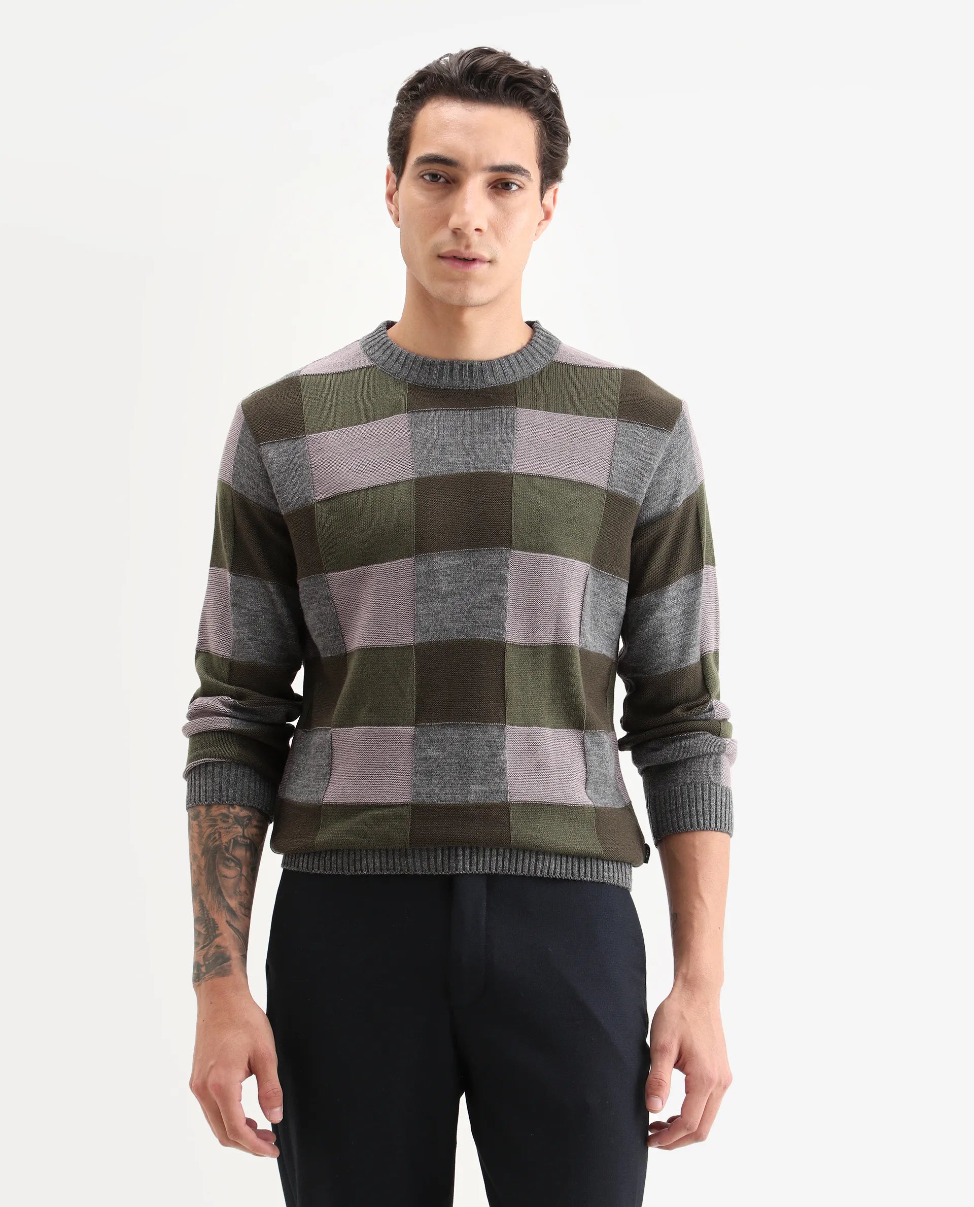 Rare Rabbit Men's Boaz Olive Acrylic Jacquard Regular Fit Full Sleeve Crew Neck Sweater