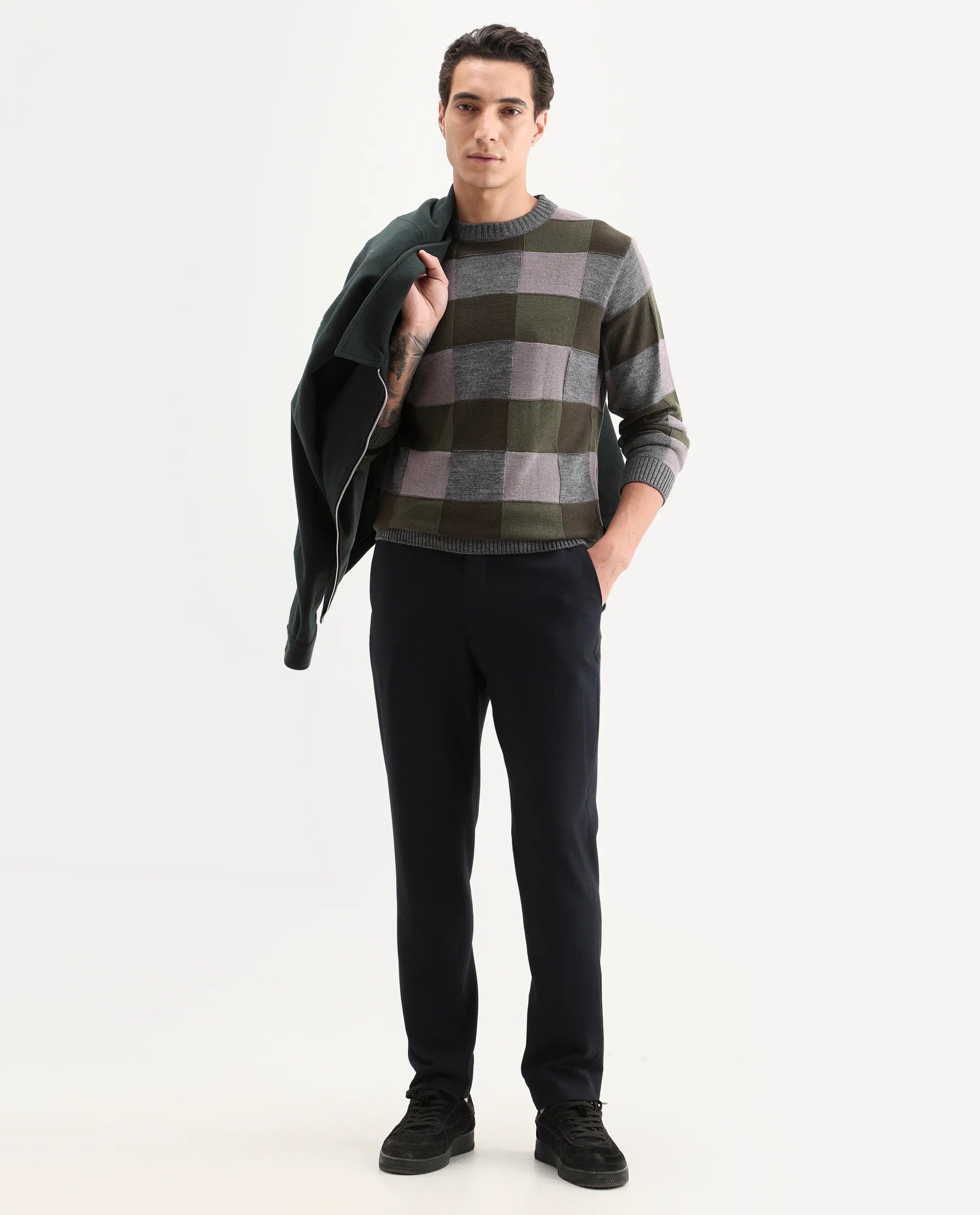 Rare Rabbit Men's Boaz Olive Acrylic Jacquard Regular Fit Full Sleeve Crew Neck Sweater