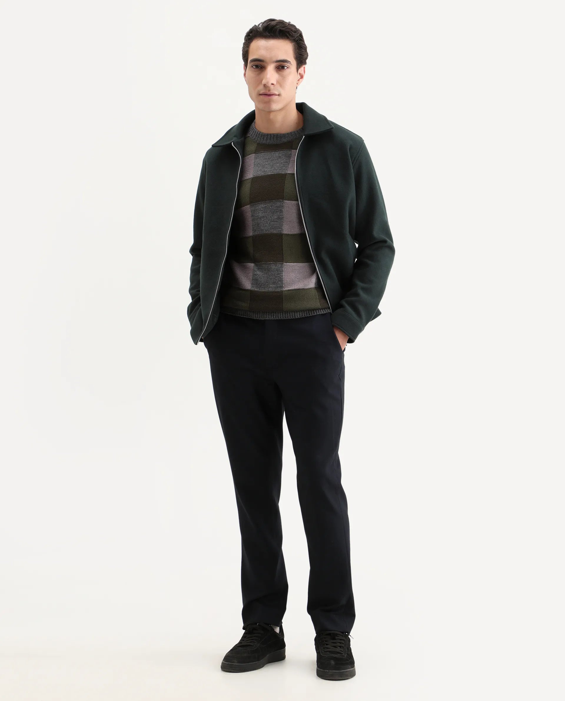 Rare Rabbit Men's Boaz Olive Acrylic Jacquard Regular Fit Full Sleeve Crew Neck Sweater