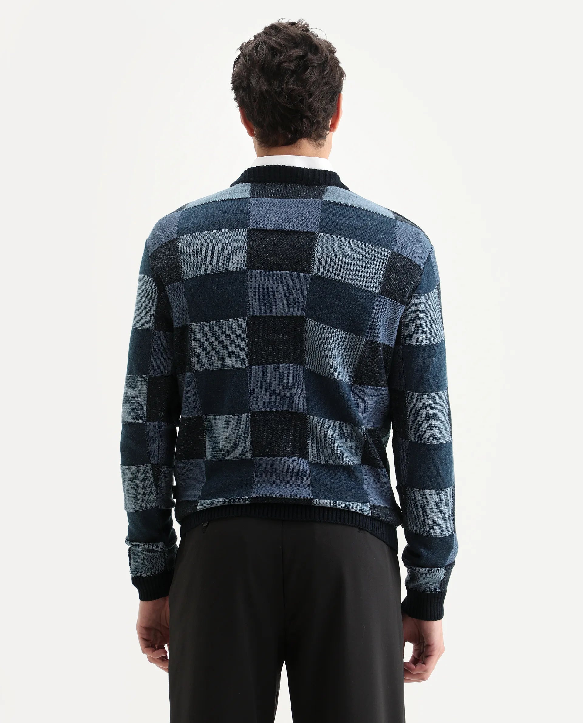 Rare Rabbit Men's Boaz Blue Acrylic Jacquard Regular Fit Full Sleeve Crew Neck Sweater