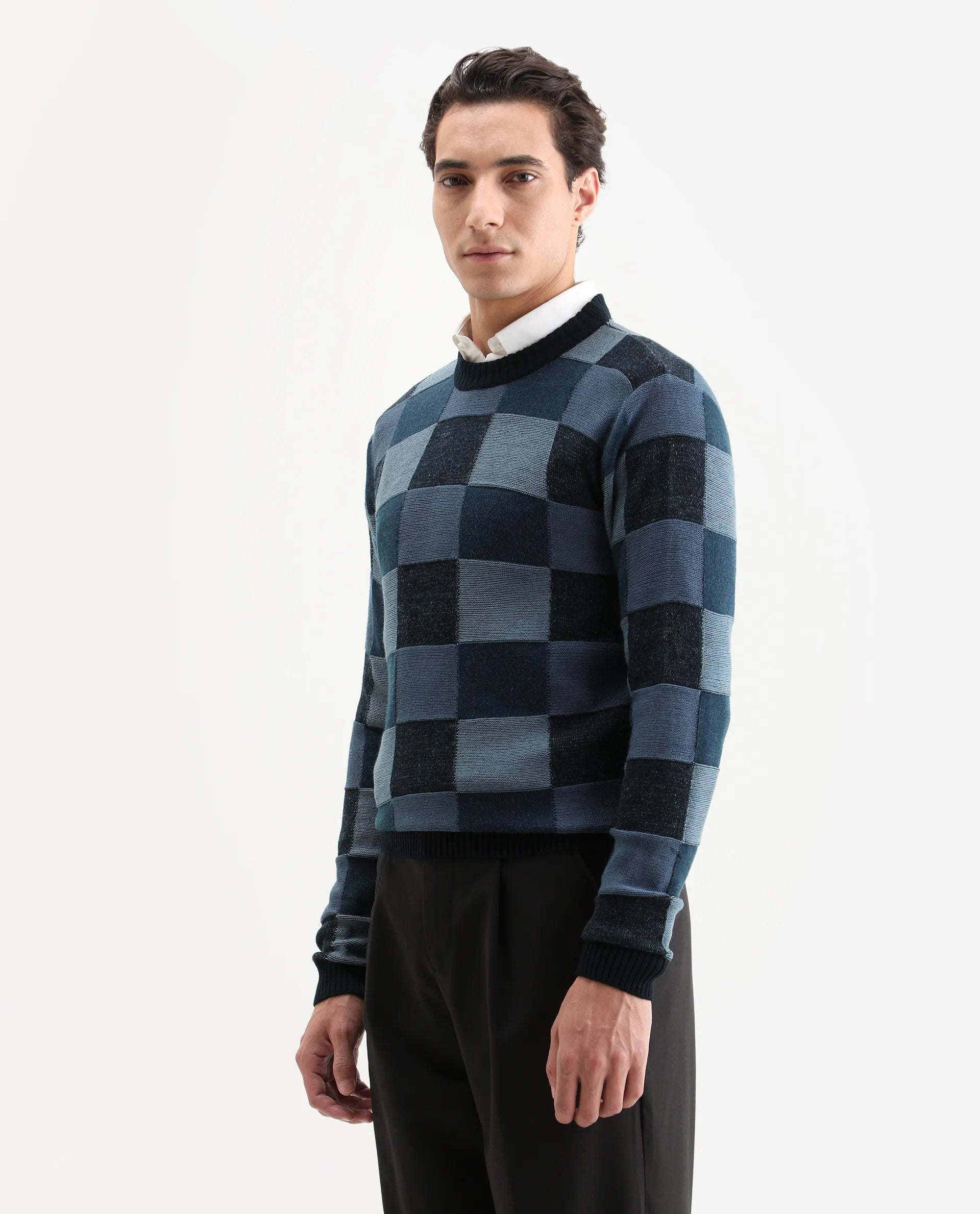 Rare Rabbit Men's Boaz Blue Acrylic Jacquard Regular Fit Full Sleeve Crew Neck Sweater