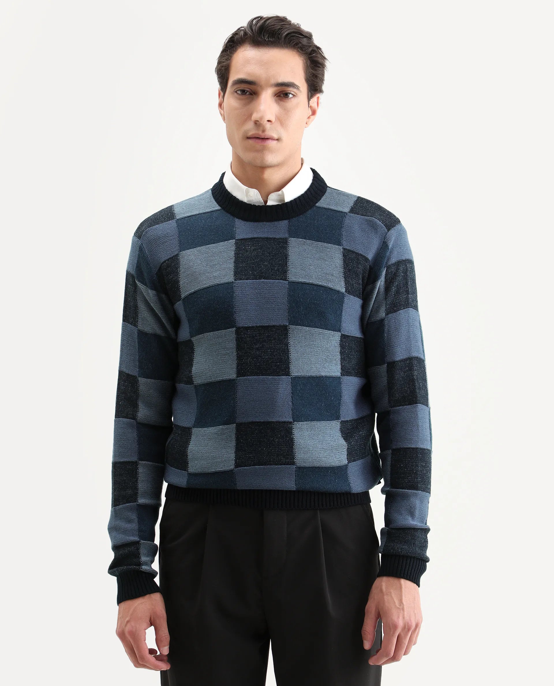 Rare Rabbit Men's Boaz Blue Acrylic Jacquard Regular Fit Full Sleeve Crew Neck Sweater