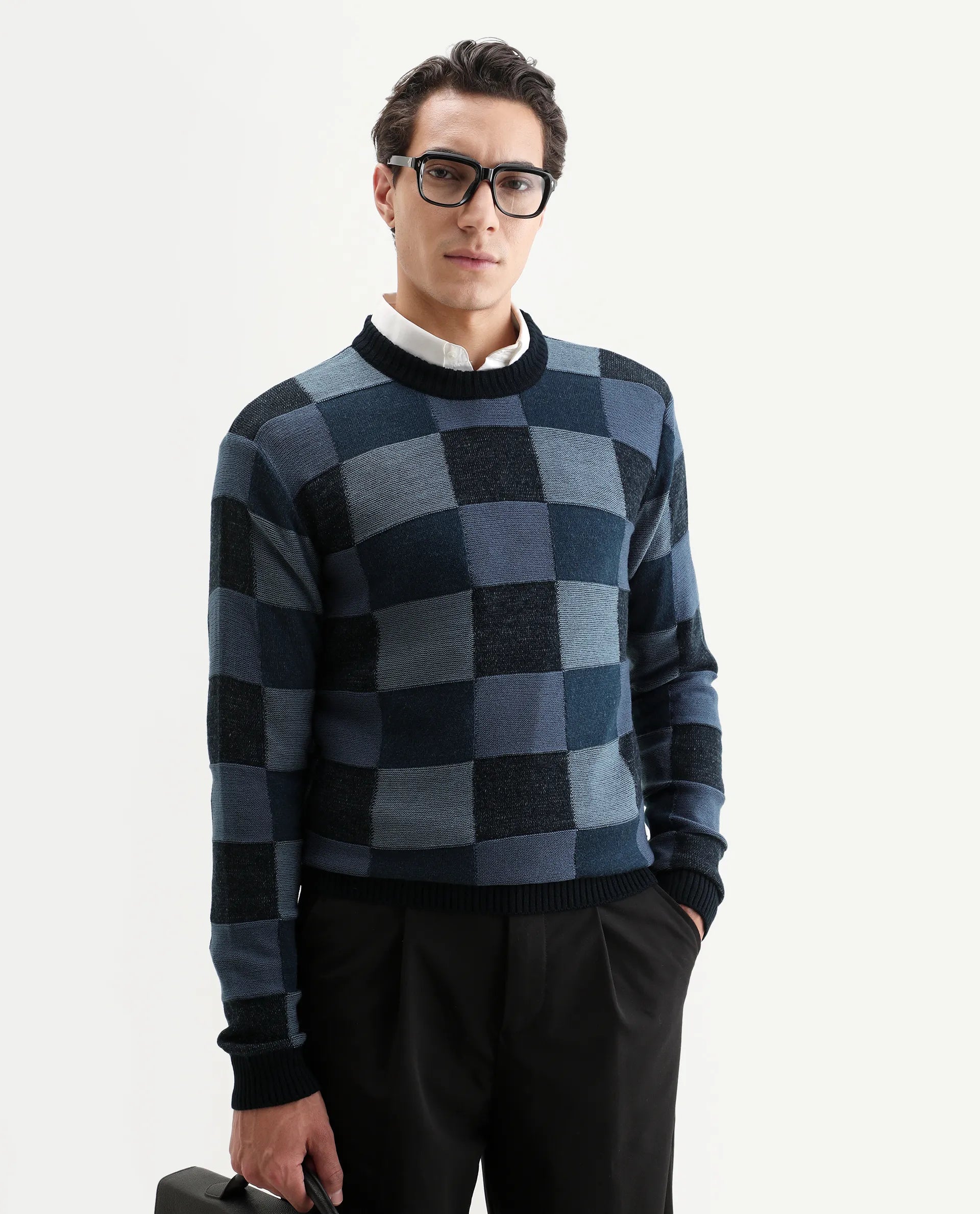 Rare Rabbit Men's Boaz Blue Acrylic Jacquard Regular Fit Full Sleeve Crew Neck Sweater