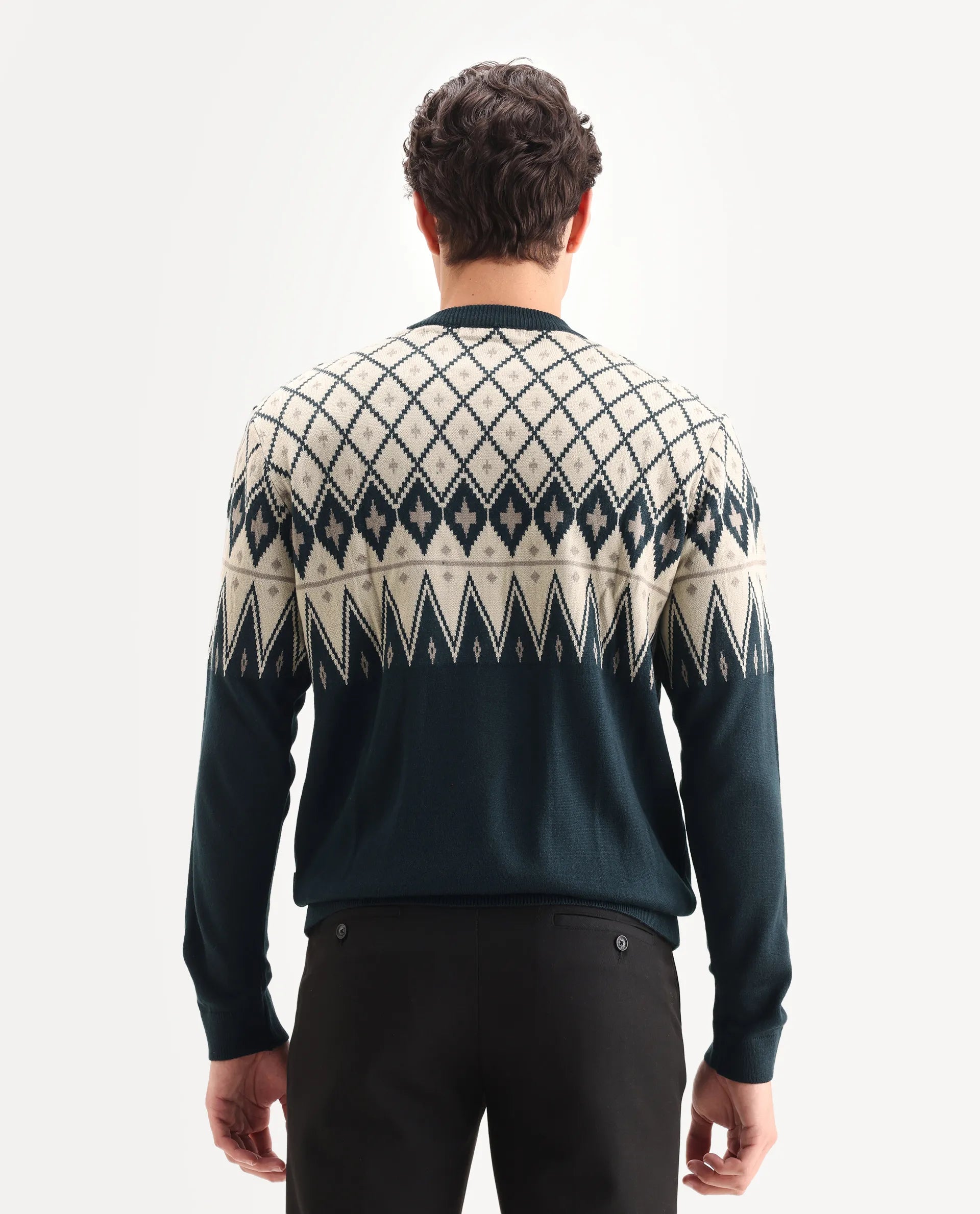 Rare Rabbit Men's Kezeck Navy Cotton Argyle Print Regular Fit Full Sleeve Crew Neck Sweater