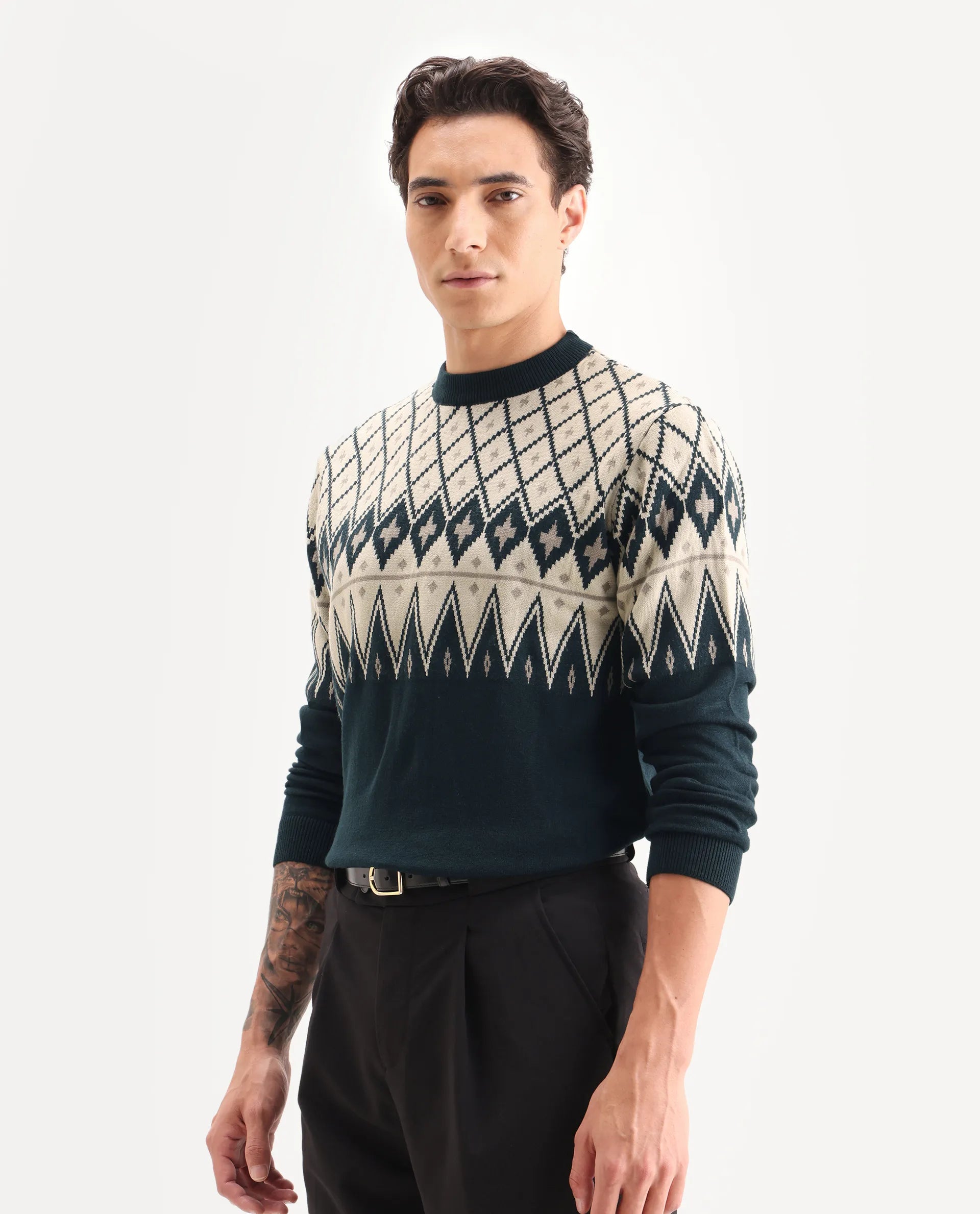 Rare Rabbit Men's Kezeck Navy Cotton Argyle Print Regular Fit Full Sleeve Crew Neck Sweater