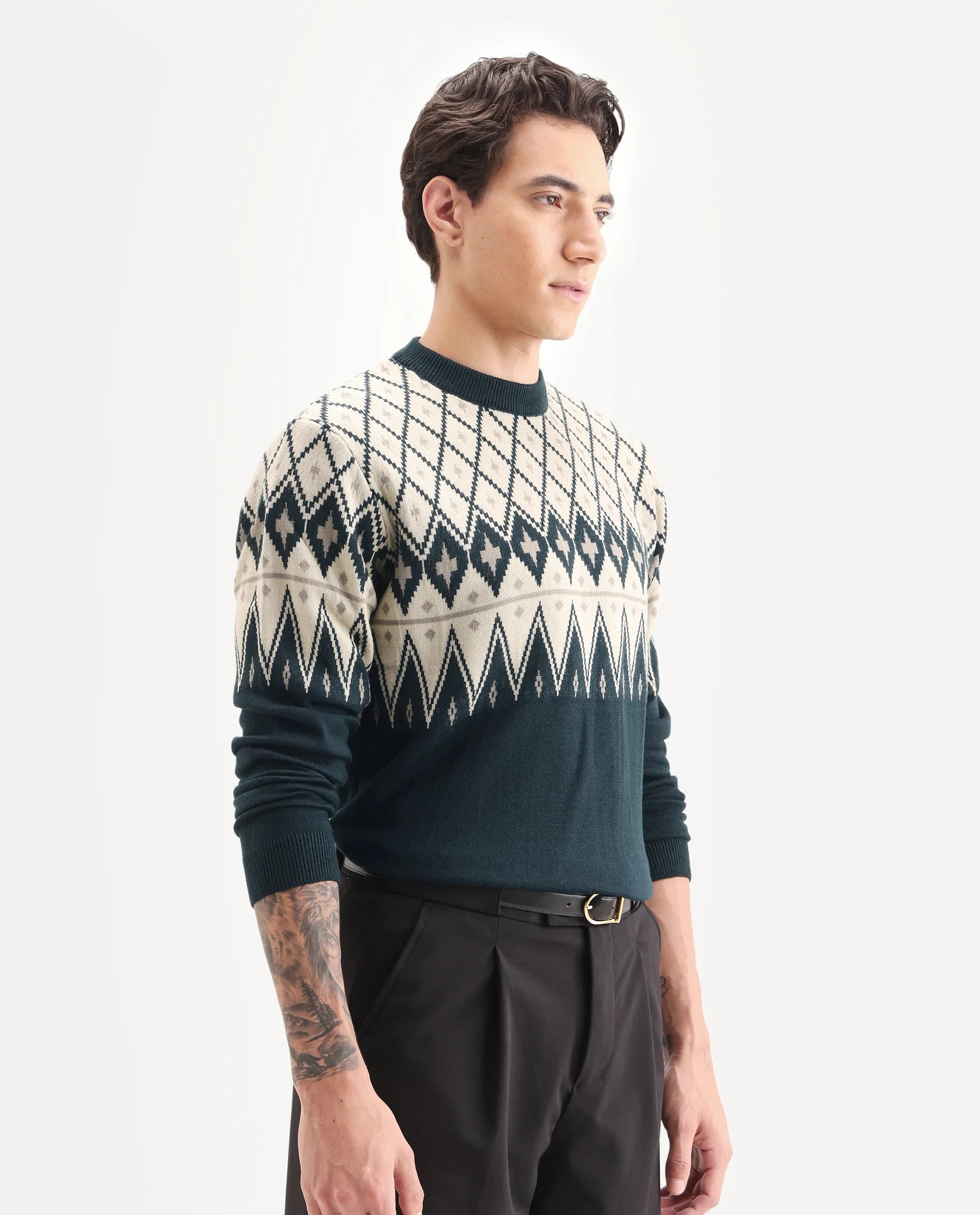 Rare Rabbit Men's Kezeck Navy Cotton Argyle Print Regular Fit Full Sleeve Crew Neck Sweater