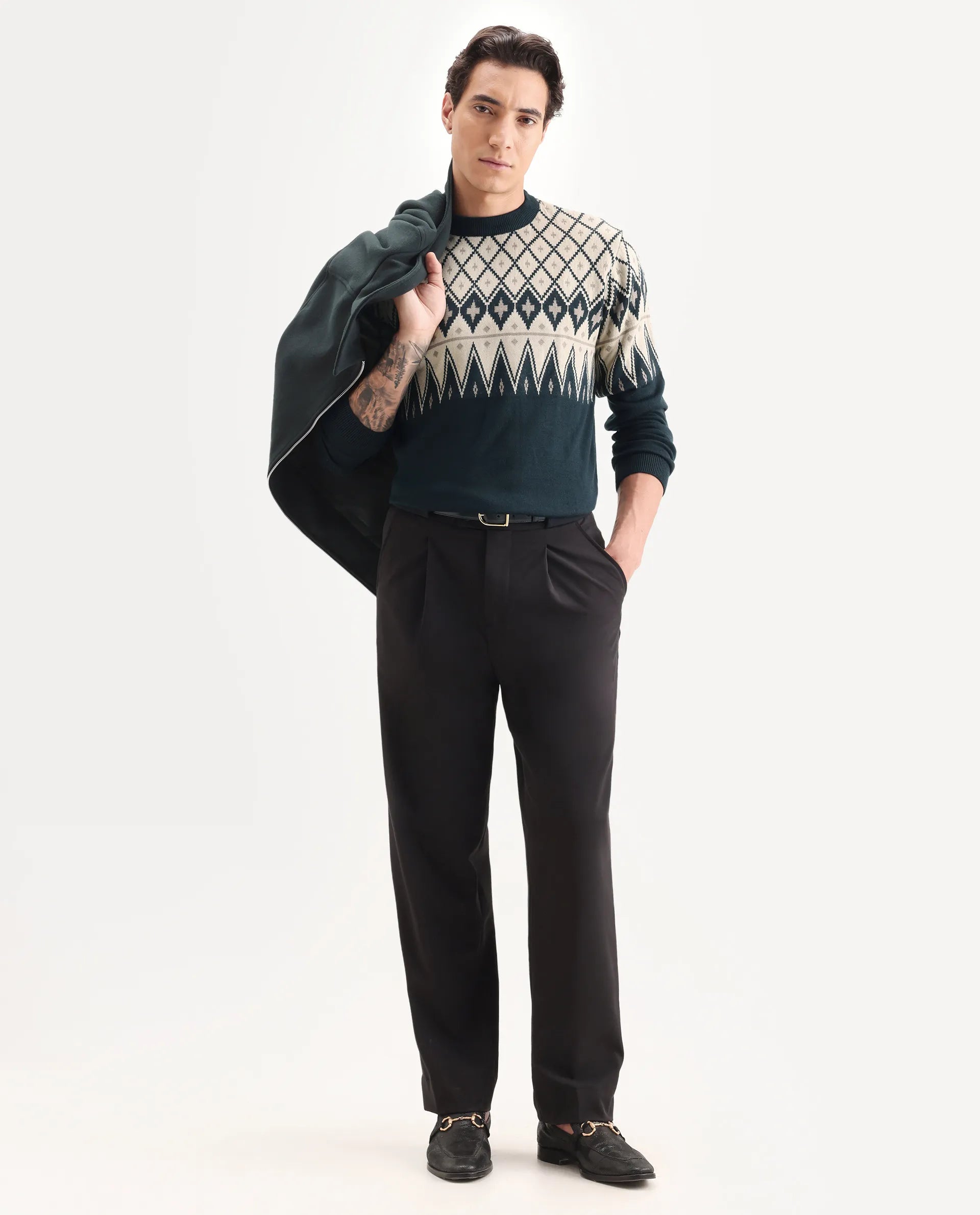 Rare Rabbit Men's Kezeck Navy Cotton Argyle Print Regular Fit Full Sleeve Crew Neck Sweater