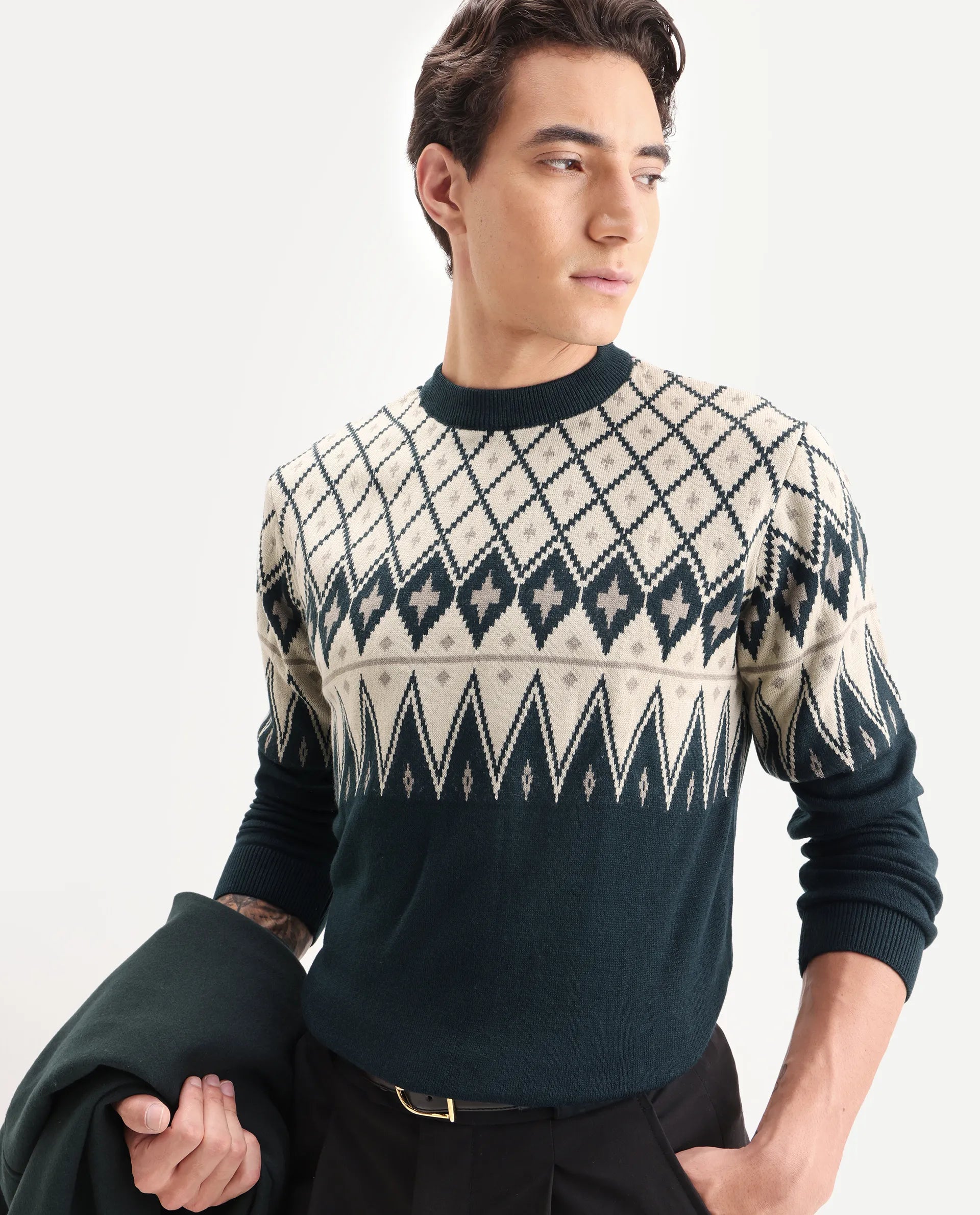 Rare Rabbit Men's Kezeck Navy Cotton Argyle Print Regular Fit Full Sleeve Crew Neck Sweater