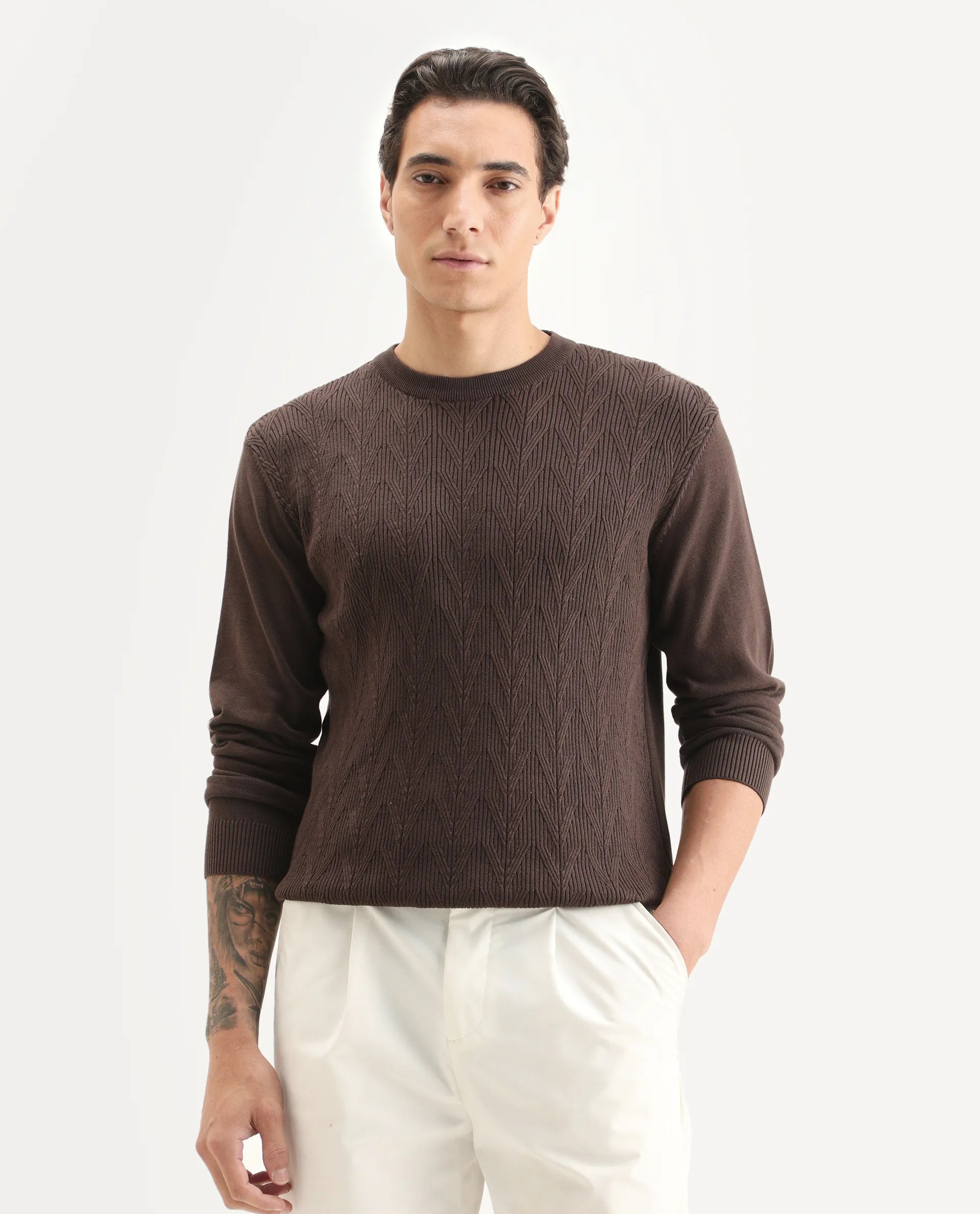 Rare Rabbit Men's Orito Brown Cotton Plain Regular Fit Full Sleeve Crew Neck Sweater