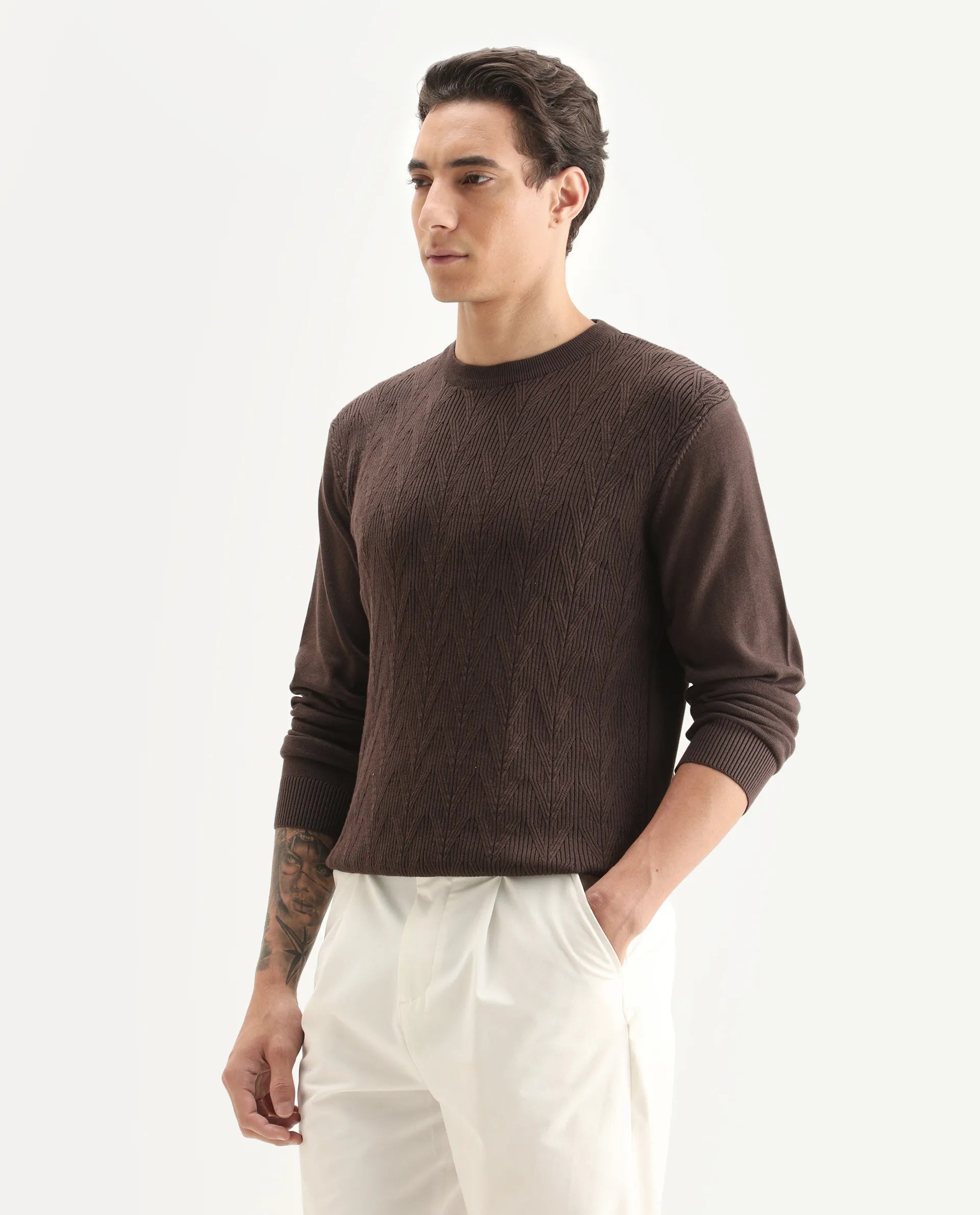 Rare Rabbit Men's Orito Brown Cotton Plain Regular Fit Full Sleeve Crew Neck Sweater