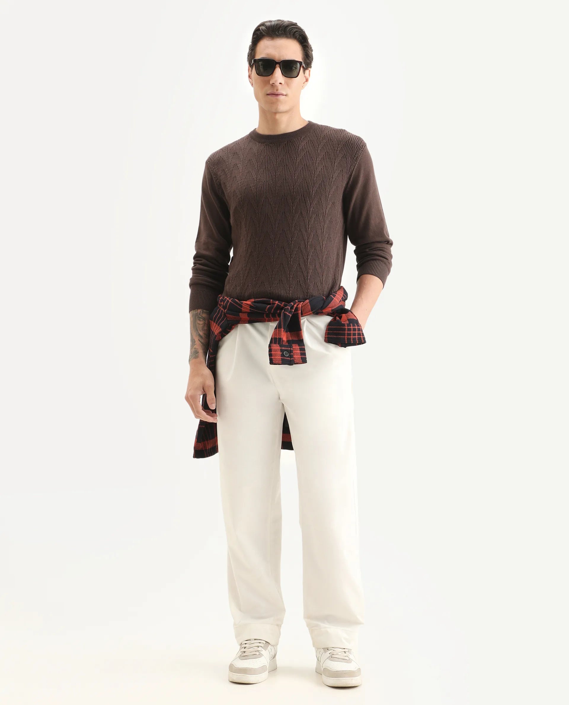 Rare Rabbit Men's Orito Brown Cotton Plain Regular Fit Full Sleeve Crew Neck Sweater