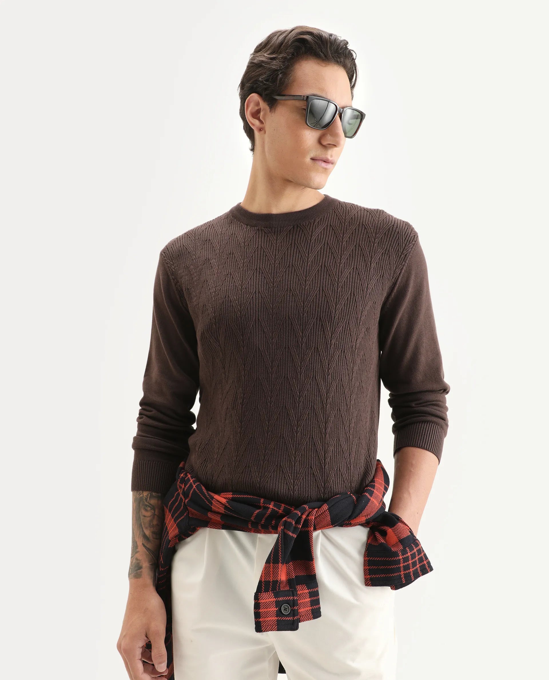 Rare Rabbit Men's Orito Brown Cotton Plain Regular Fit Full Sleeve Crew Neck Sweater