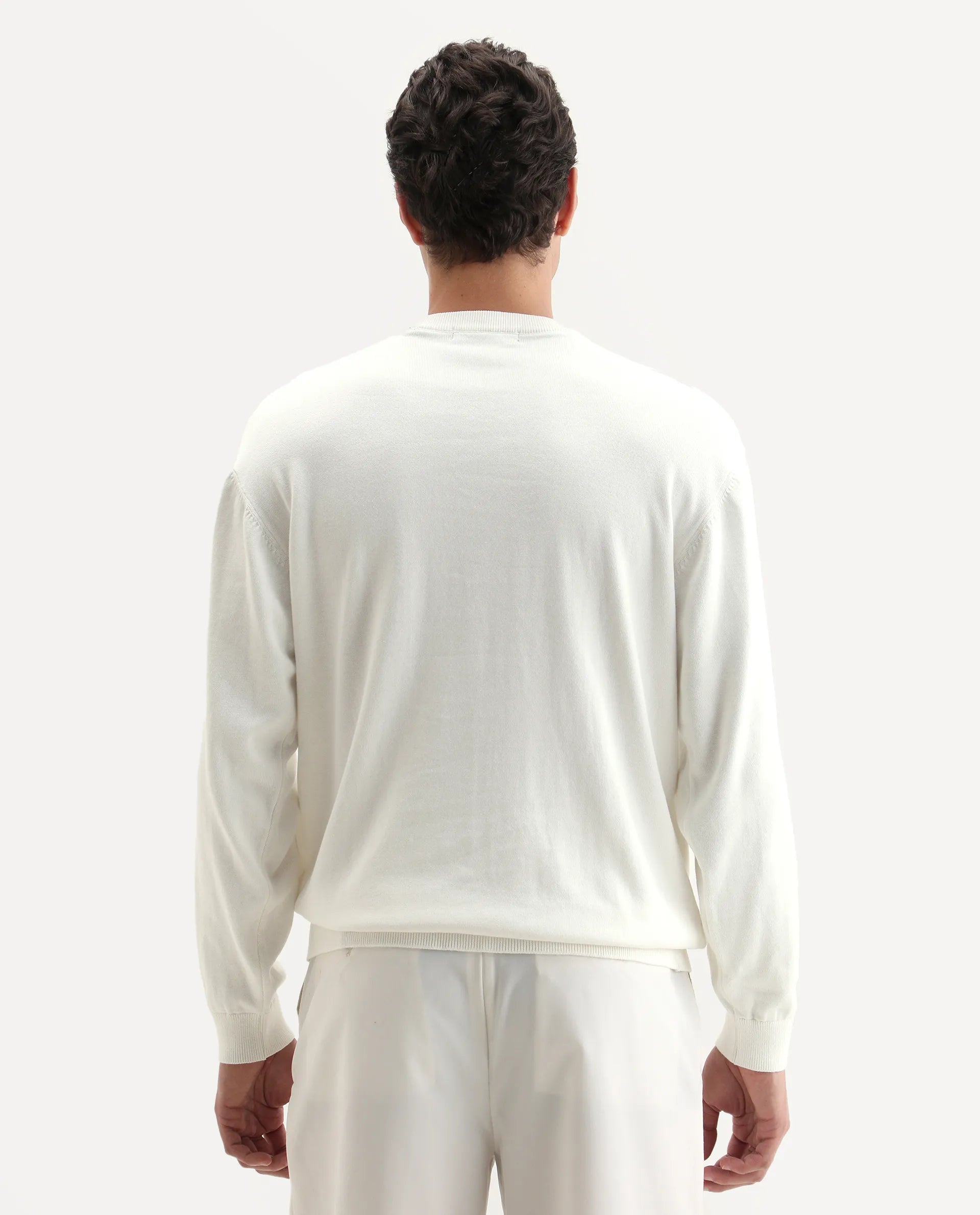 Rare Rabbit Men's Varo Off White Cotton Embroidered Regular Fit Full Sleeve Crew Neck Sweater