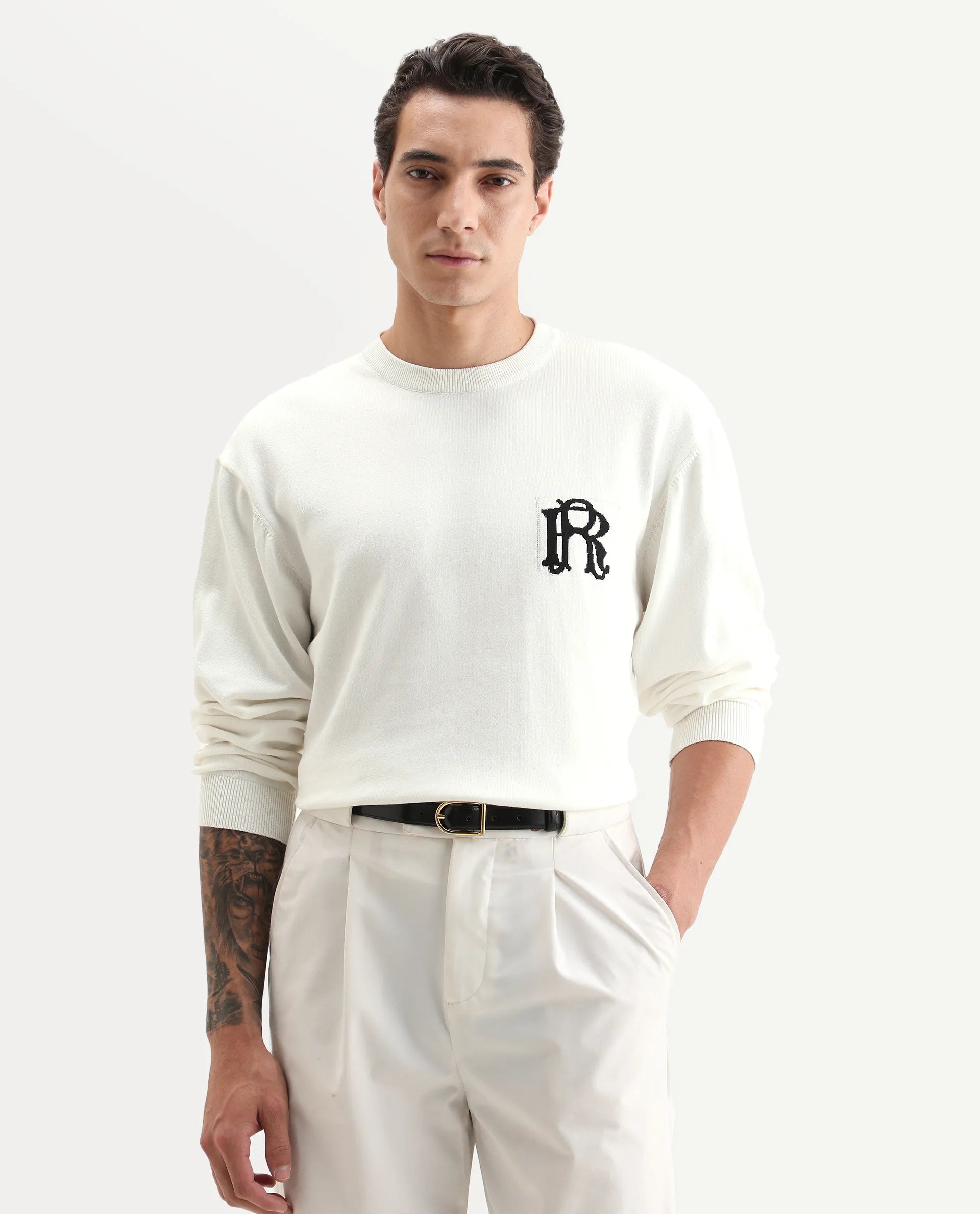 Rare Rabbit Men's Varo Off White Cotton Embroidered Regular Fit Full Sleeve Crew Neck Sweater