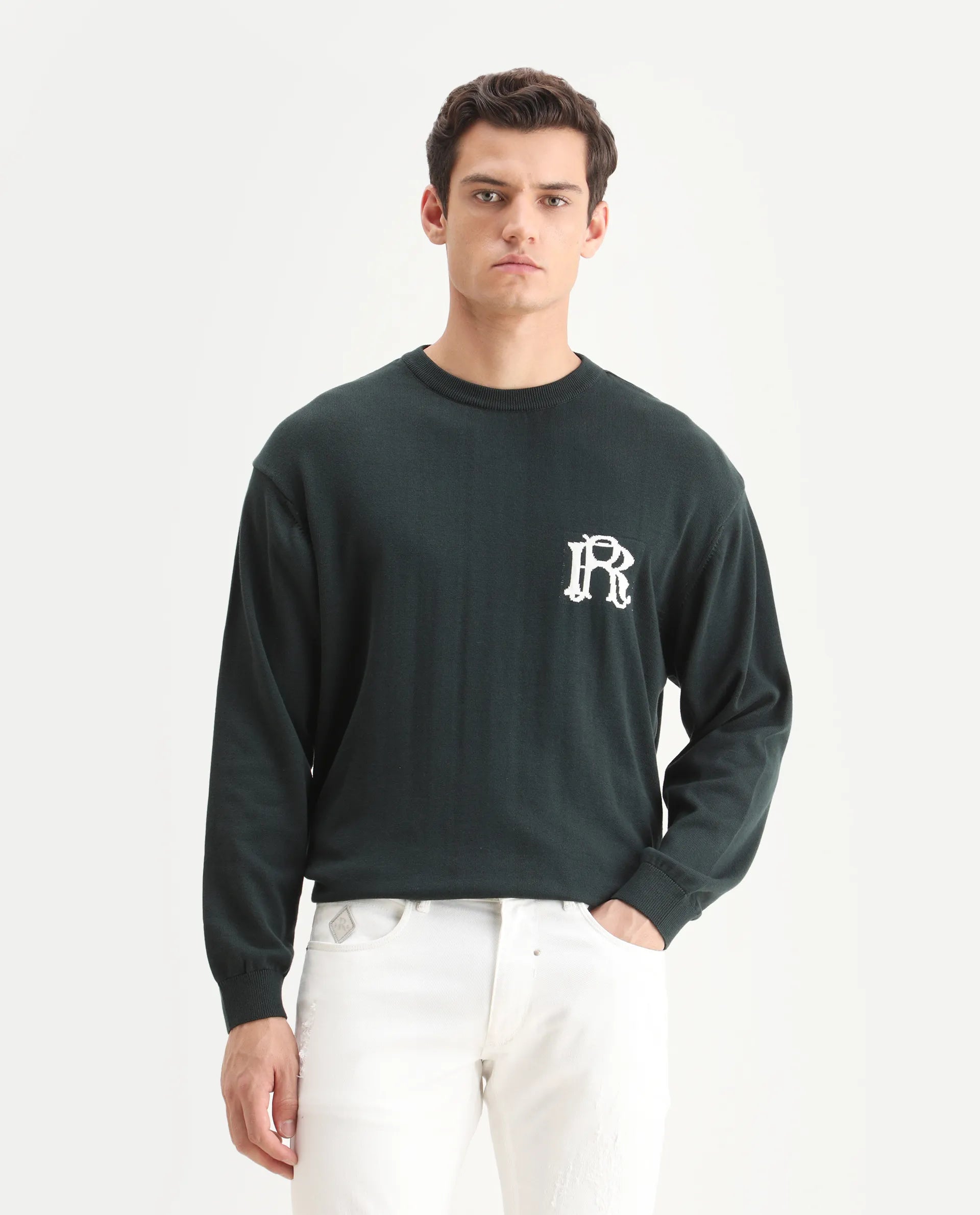 Rare Rabbit Men's Varo Dark Green Cotton Embroidered Regular Fit Full Sleeve Crew Neck Sweater
