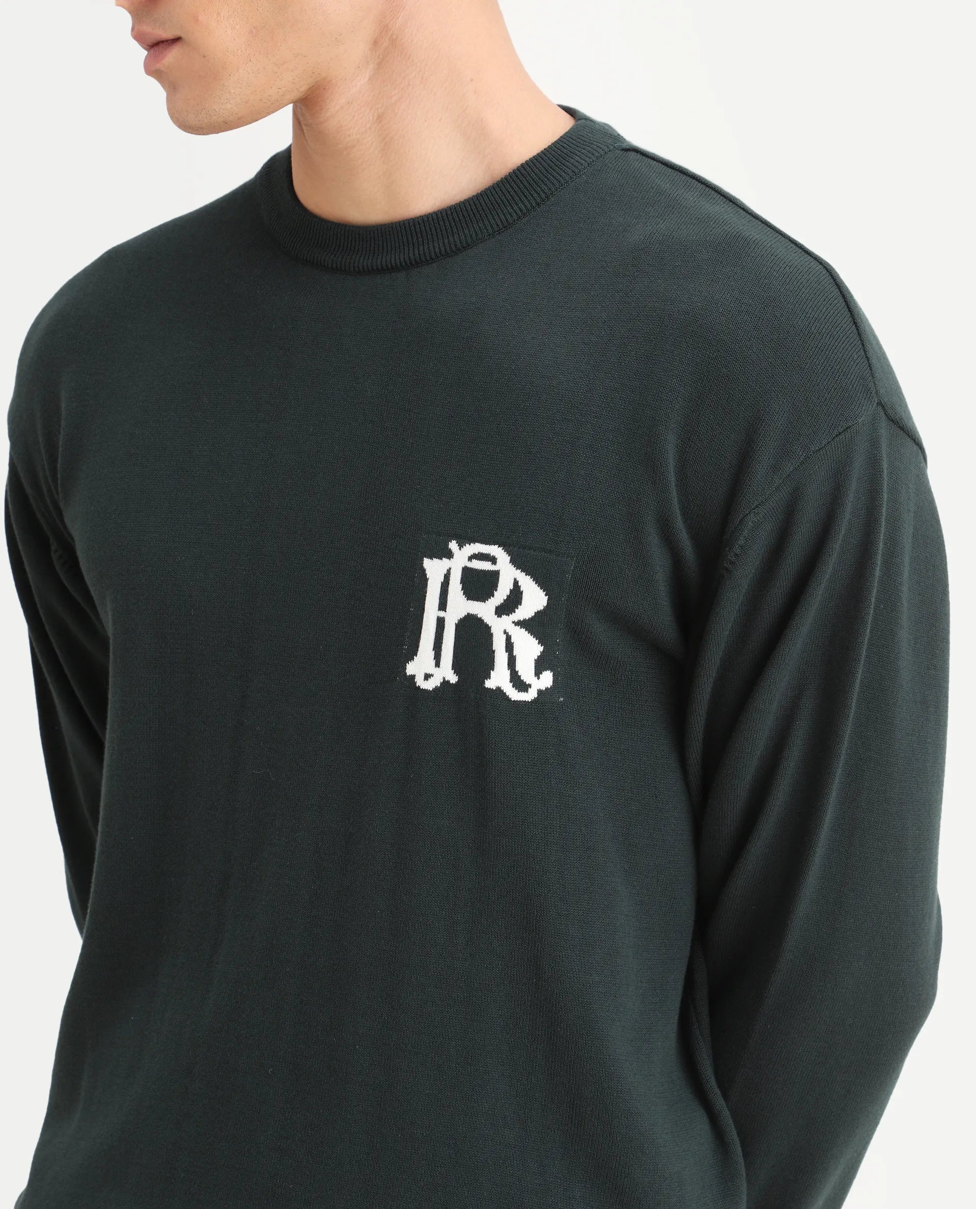 Rare Rabbit Men's Varo Dark Green Cotton Embroidered Regular Fit Full Sleeve Crew Neck Sweater