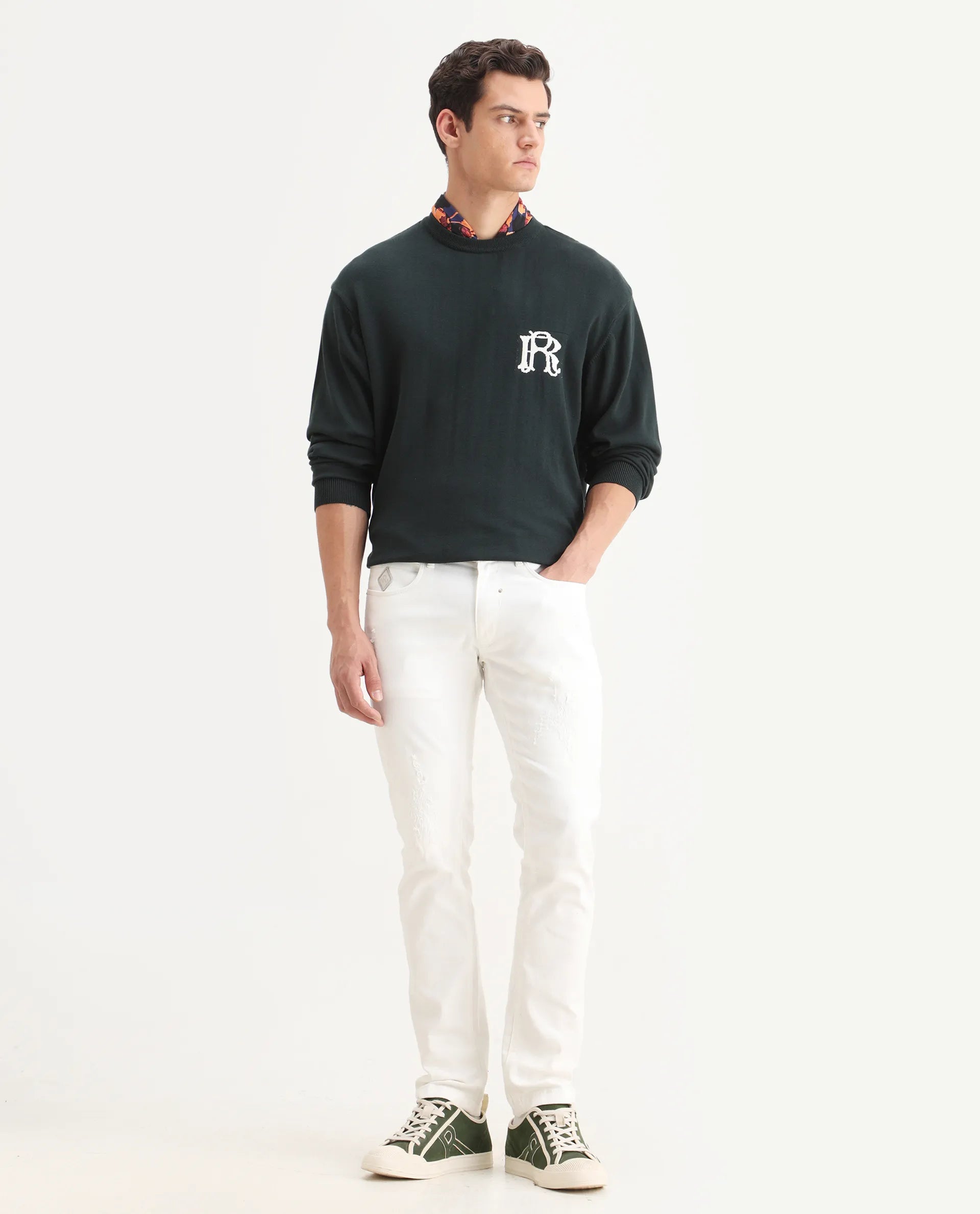 Rare Rabbit Men's Varo Dark Green Cotton Embroidered Regular Fit Full Sleeve Crew Neck Sweater