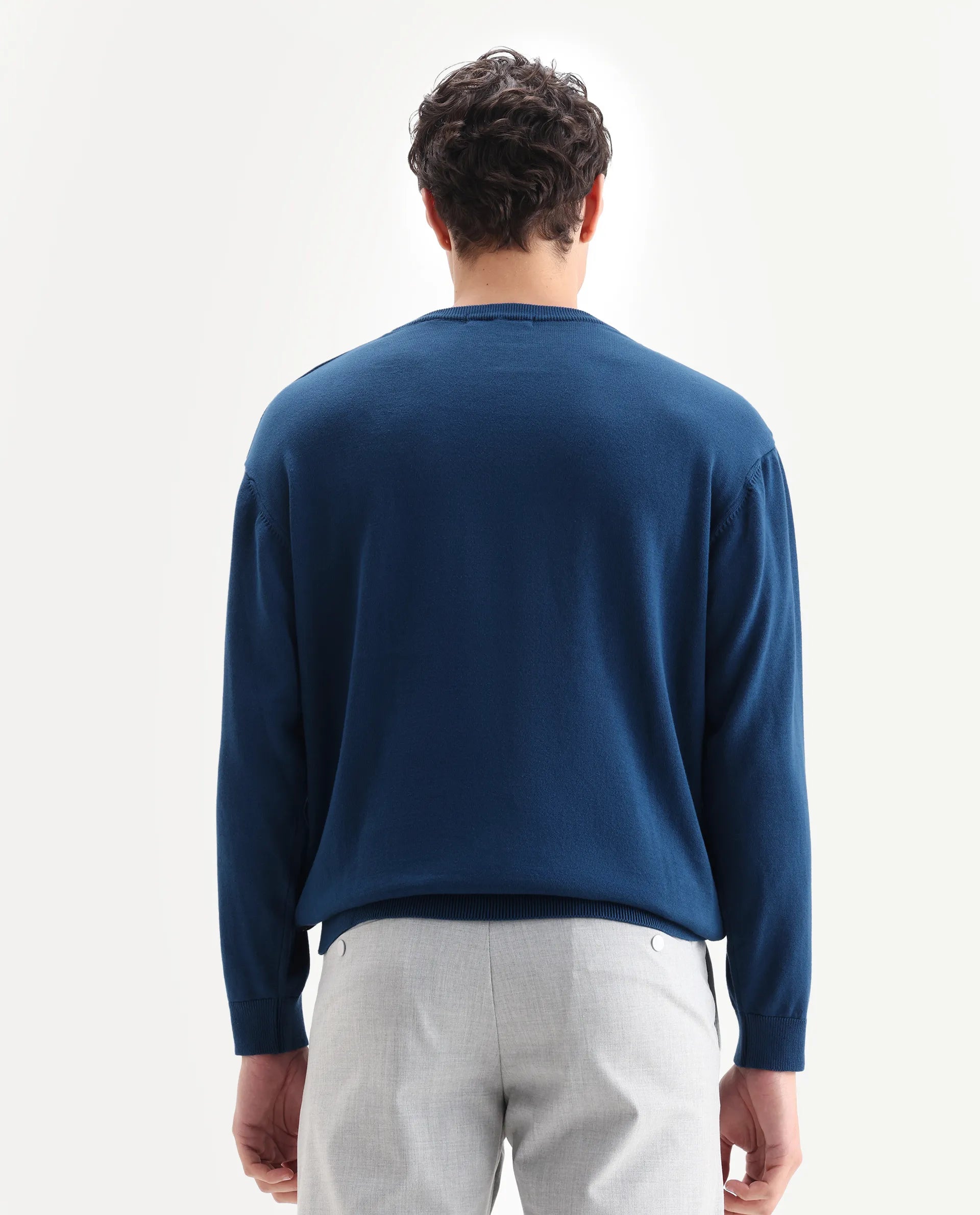 Rare Rabbit Men's Varo Dark Blue Cotton Embroidered Regular Fit Full Sleeve Crew Neck Sweater