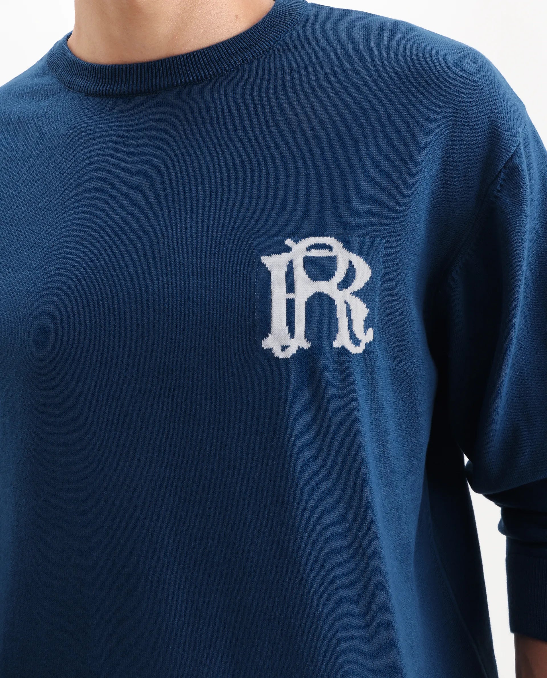 Rare Rabbit Men's Varo Dark Blue Cotton Embroidered Regular Fit Full Sleeve Crew Neck Sweater