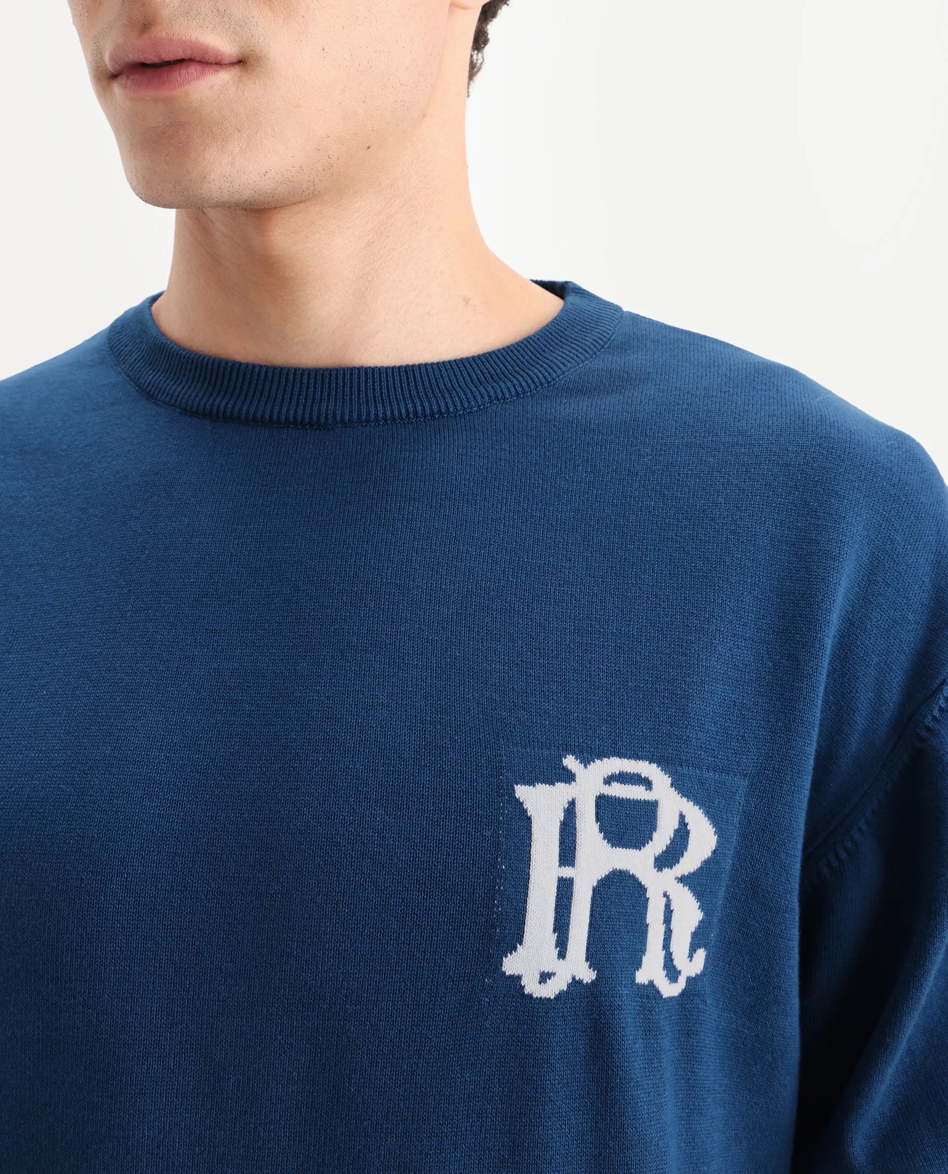 Rare Rabbit Men's Varo Dark Blue Cotton Embroidered Regular Fit Full Sleeve Crew Neck Sweater